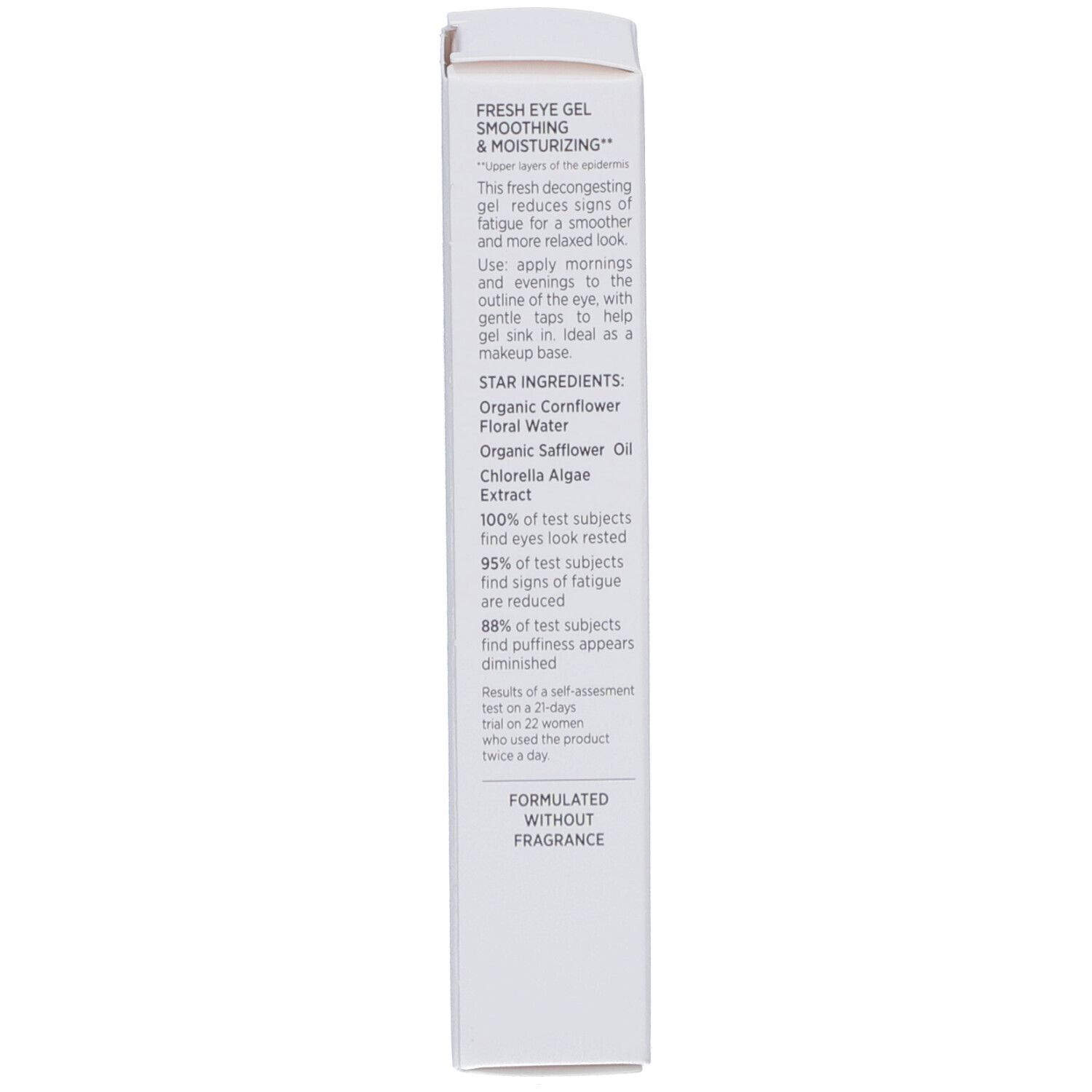 Dos de la boîte. Texte: description, ingrédients, utilisation. Sans parfum. 100% des ingrédients d'origine naturelle.