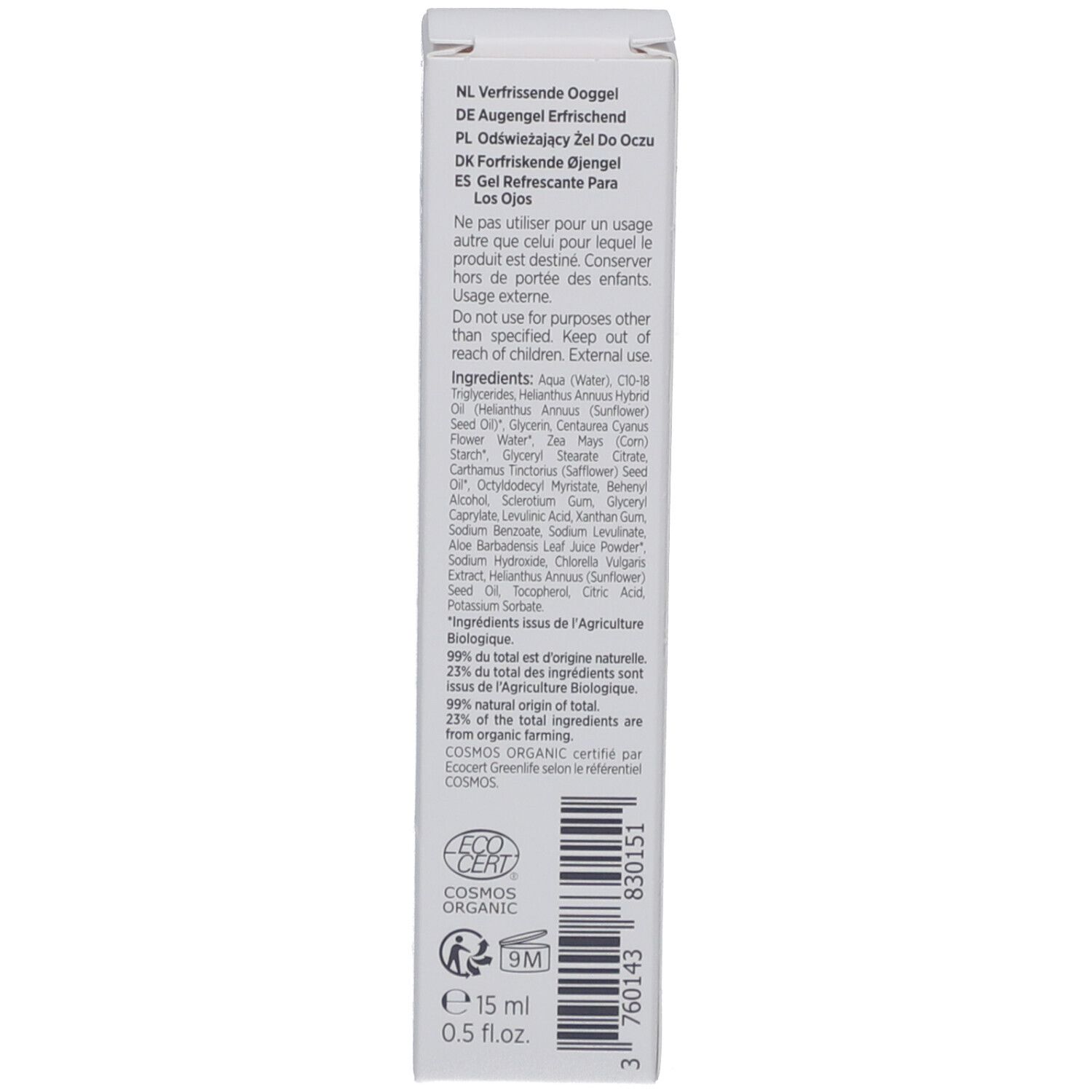 Côté de la boîte. Texte: désignations multilingues, ingrédients, certification bio, 15 ml.