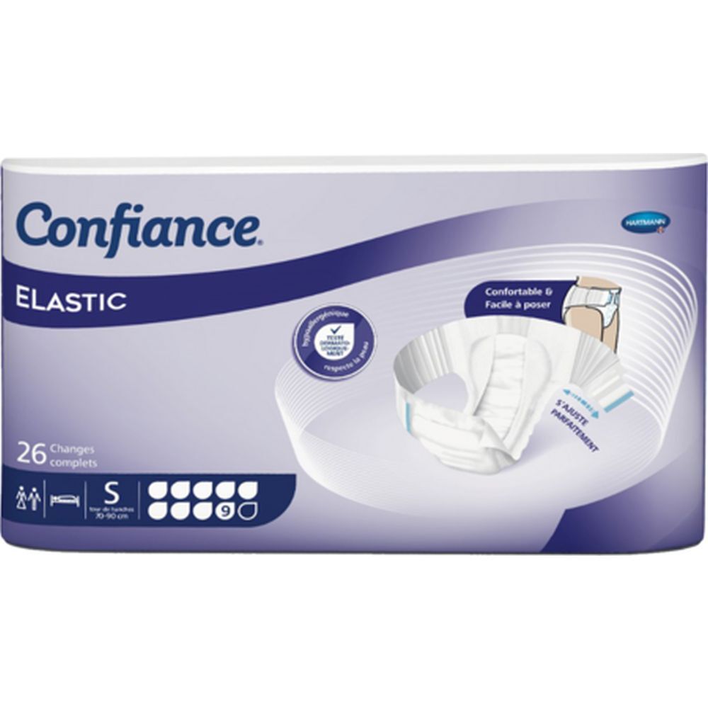 Paquet de CONFIANCE ELASTIC, 26 unités, taille S. Illustration du produit. Hypoallergénique.