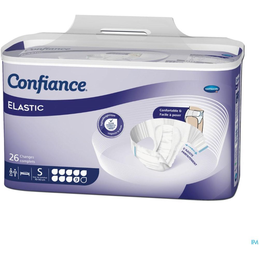 Paquet de CONFIANCE ELASTIC, 26 unités, taille S. Illustration du produit. Avec poignée.