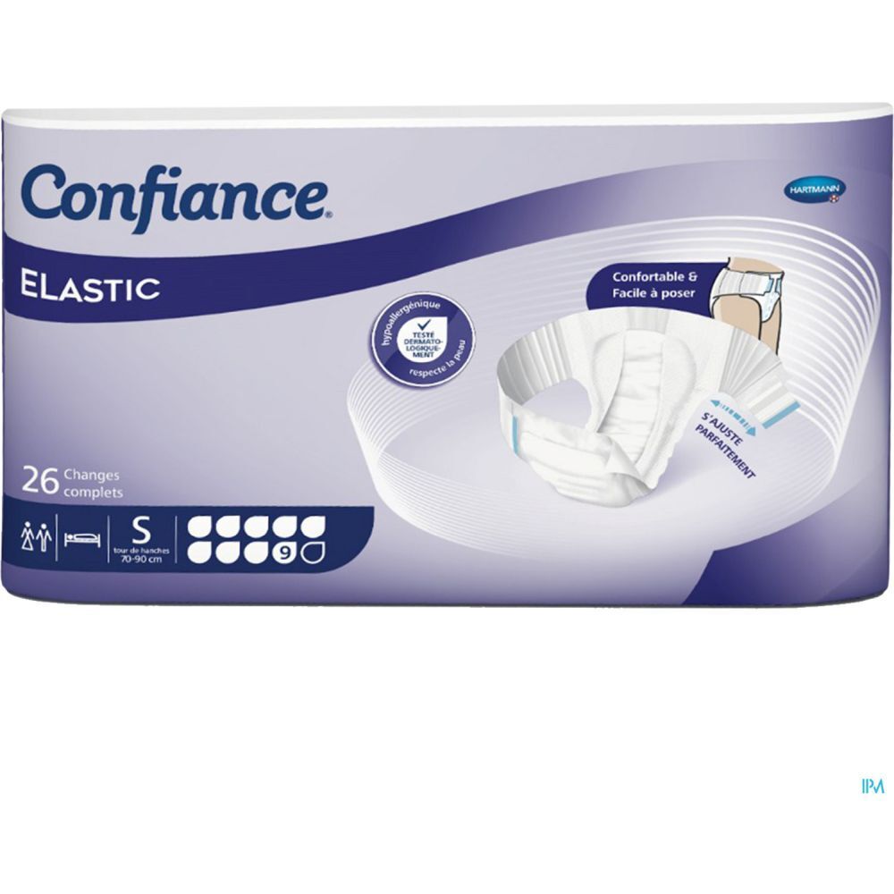 Paquet de CONFIANCE ELASTIC, 26 unités, taille S. Illustration du produit. Hypoallergénique.