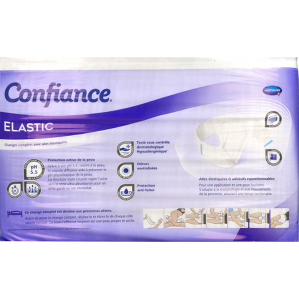 Paquet CONFIANCE ELASTIC. Caractéristiques : pH 5,5, testé dermatologiquement, hypoallergénique, neutralise les odeurs, anti-fuites.