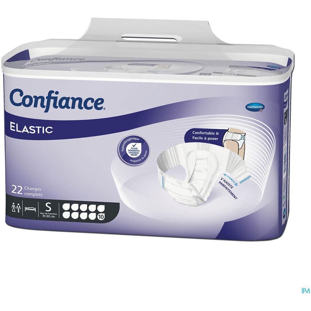 Paquet de CONFIANCE ELASTIC, 22 unités, taille S. Illustration du produit. Emballage bleu et blanc.