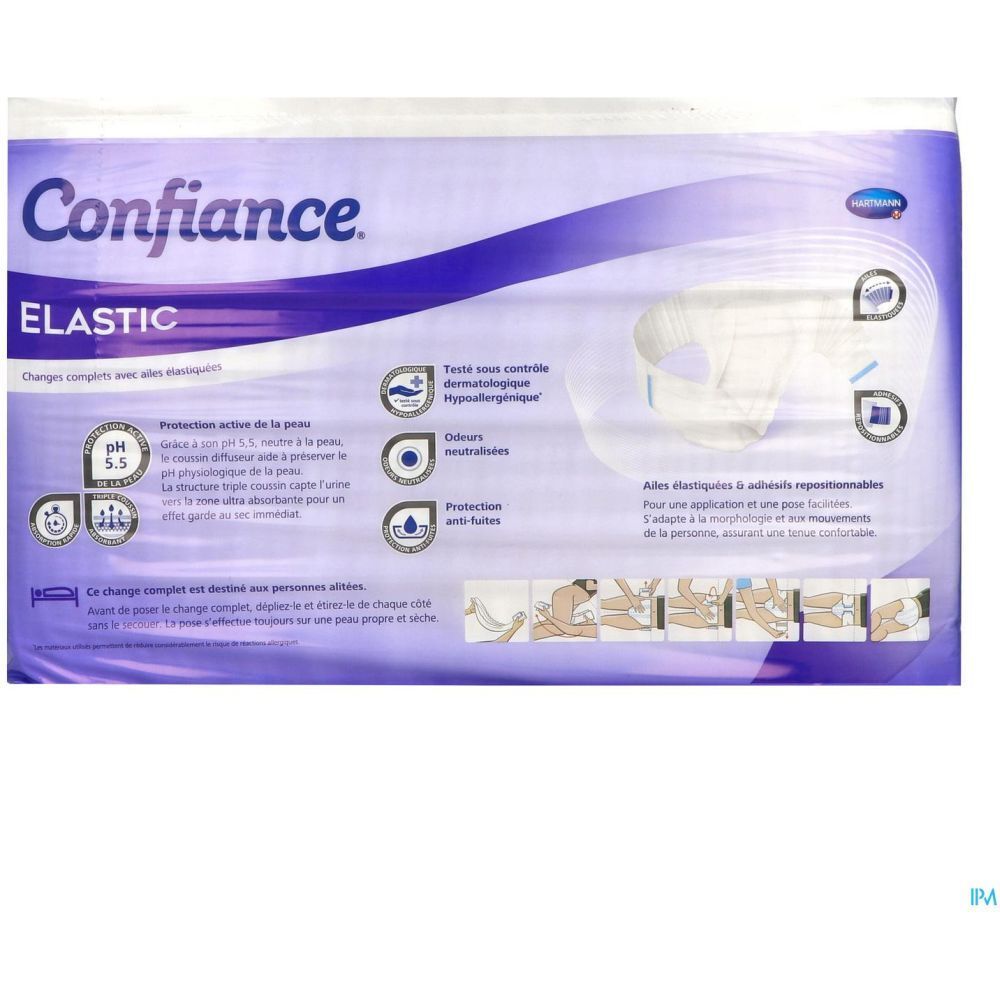 Paquet CONFIANCE ELASTIC. Caractéristiques : pH 5,5, testé dermatologiquement, hypoallergénique, neutralise les odeurs, anti-fuites.