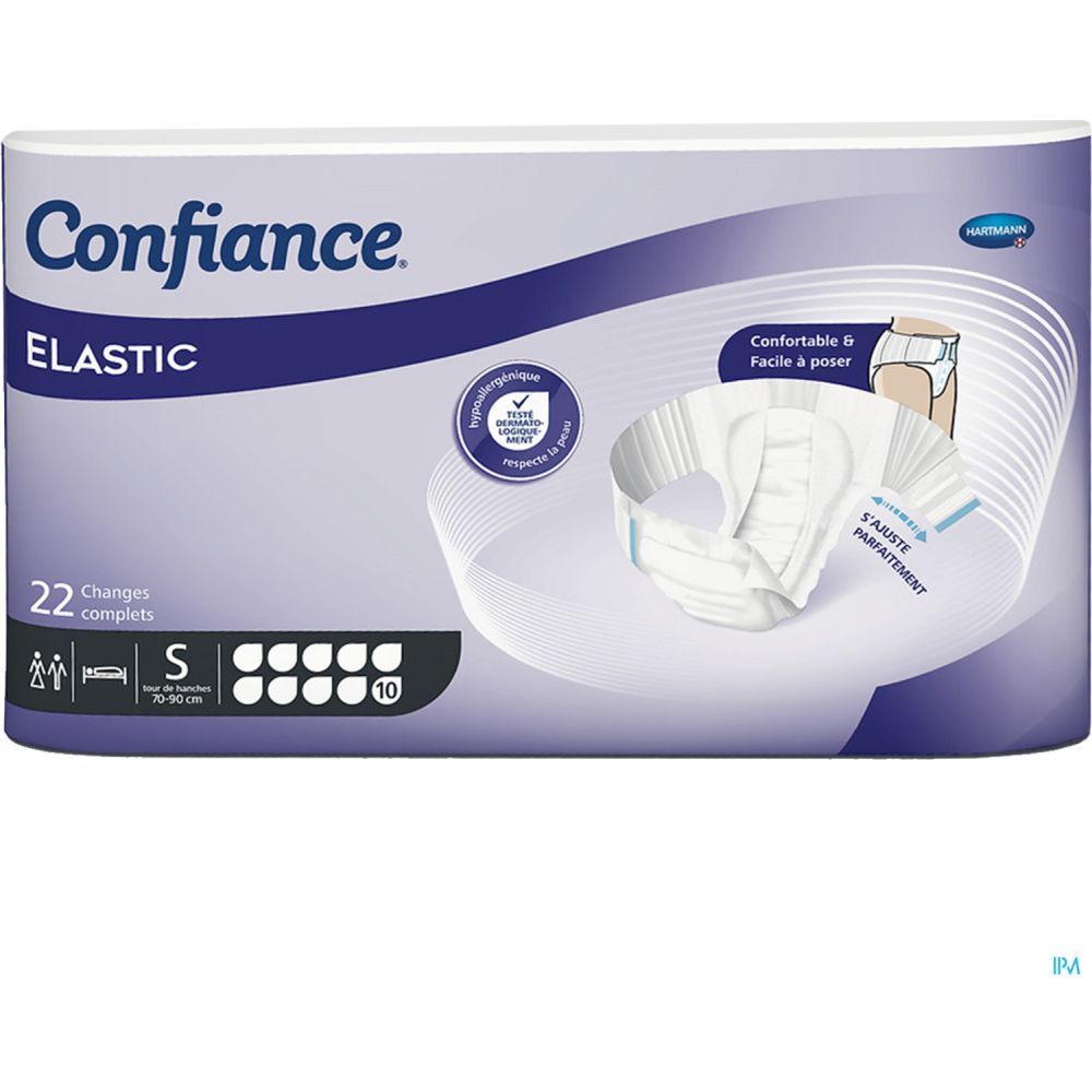 Paquet de CONFIANCE ELASTIC, 22 unités, taille S. Illustration du produit. Emballage bleu et blanc.