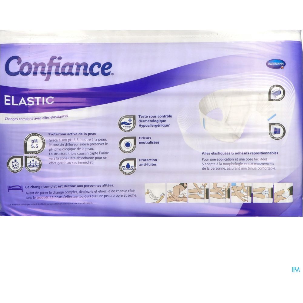 Paquet CONFIANCE ELASTIC. Caractéristiques : pH 5,5, testé dermatologiquement, hypoallergénique, neutralise les odeurs, anti-fuites.