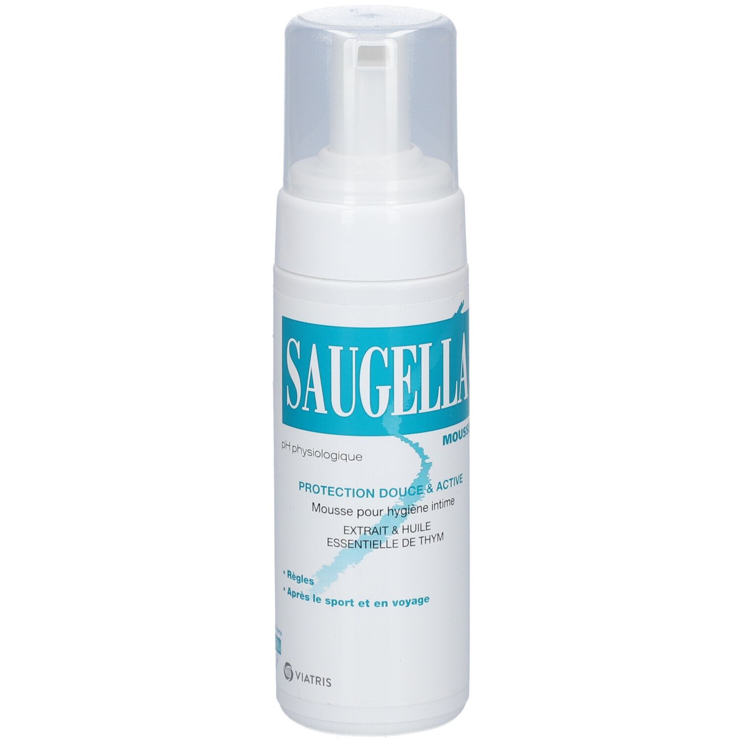 Dos d'un flacon blanc avec texte et ingrédients. Bouchon transparent. 150 ml. Symbole de recyclage.