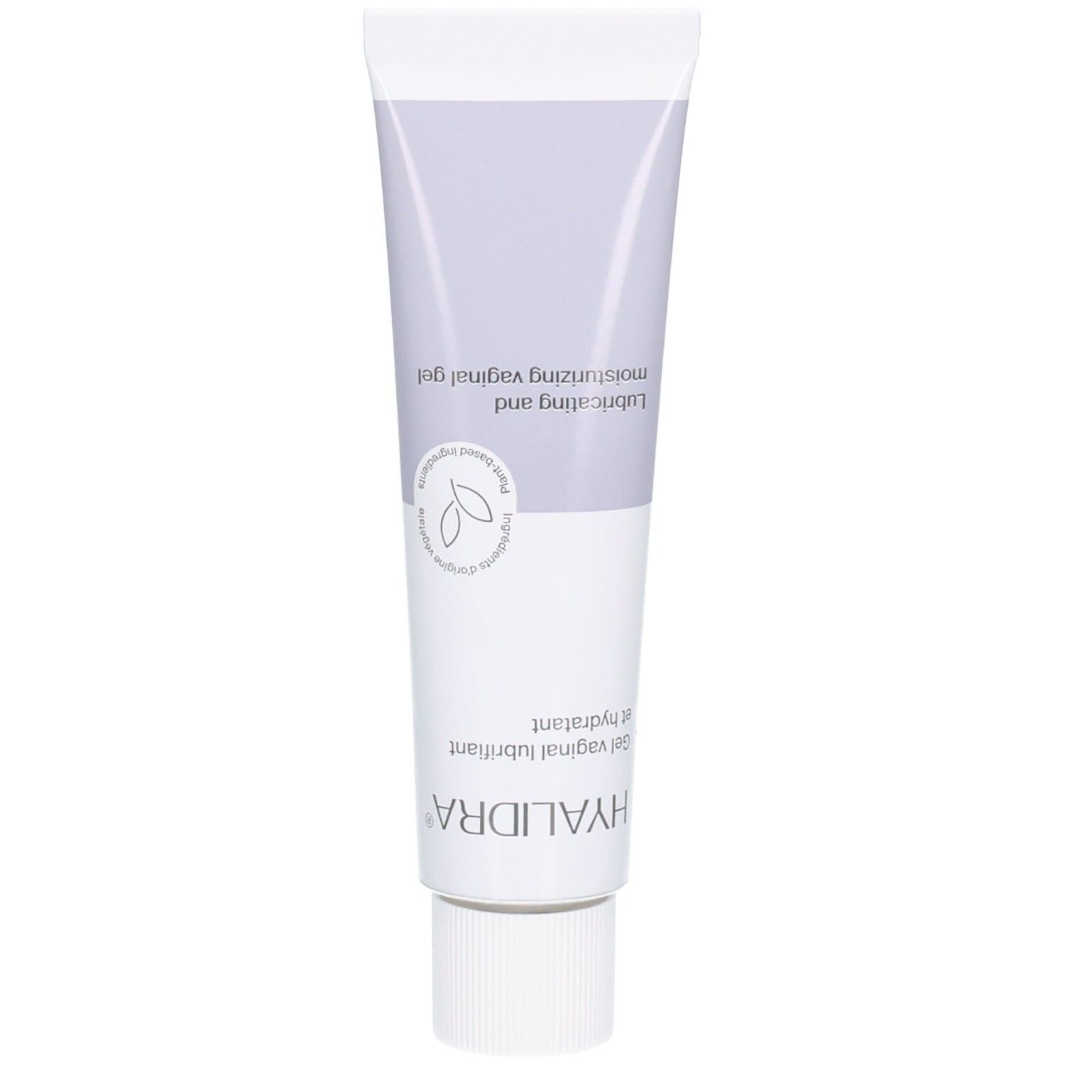 Tube blanc et violet. Inscription: Gel vaginal lubrifiant et hydratant. Inscription: moisturizing vaginal gel.
