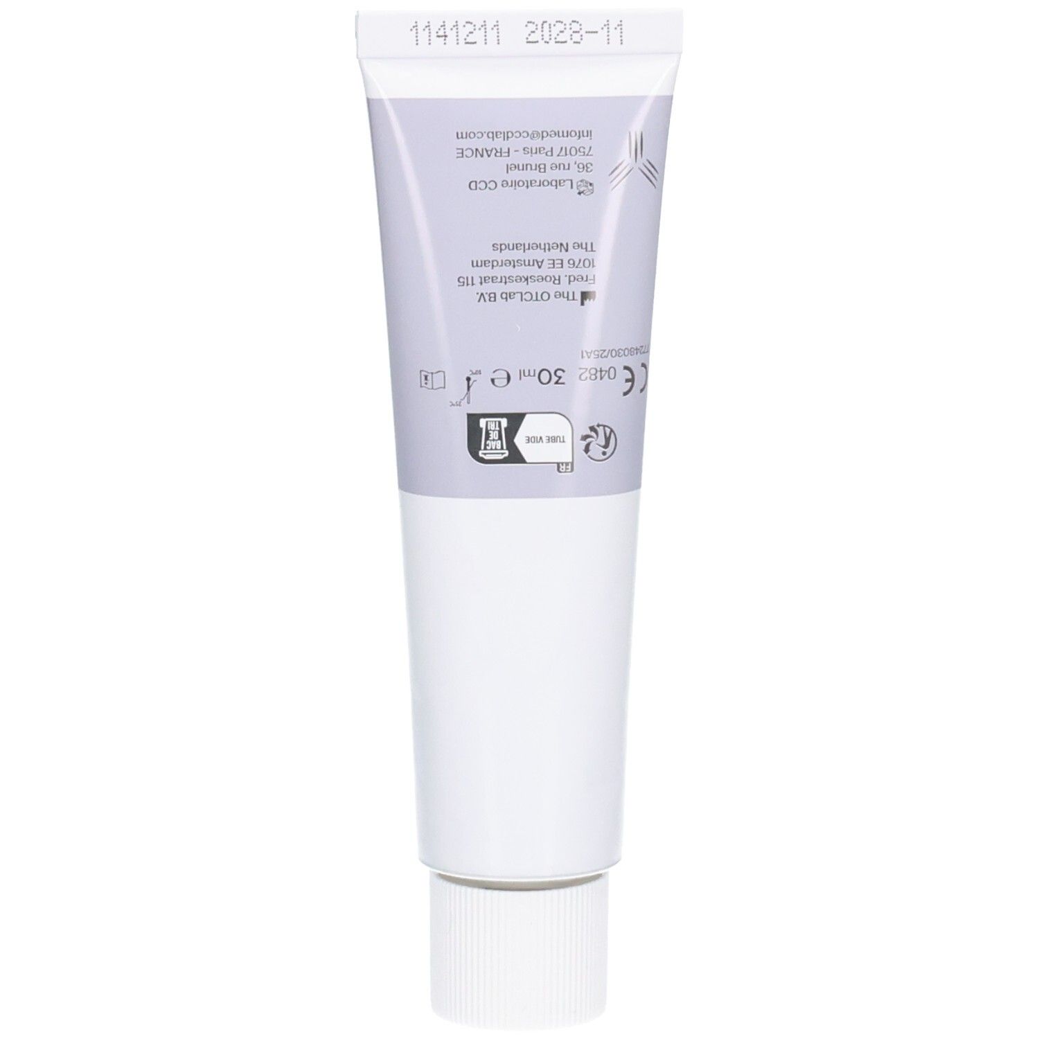 Dos du tube. Impressions d'informations. Bouchon blanc. Impression: 30 ml.
