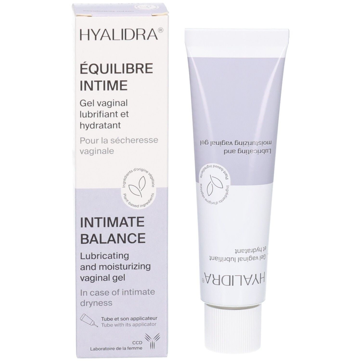 Emballage et tube. Emballage avec inscription: ÉQUILIBRE INTIME. Tube avec bouchon blanc.