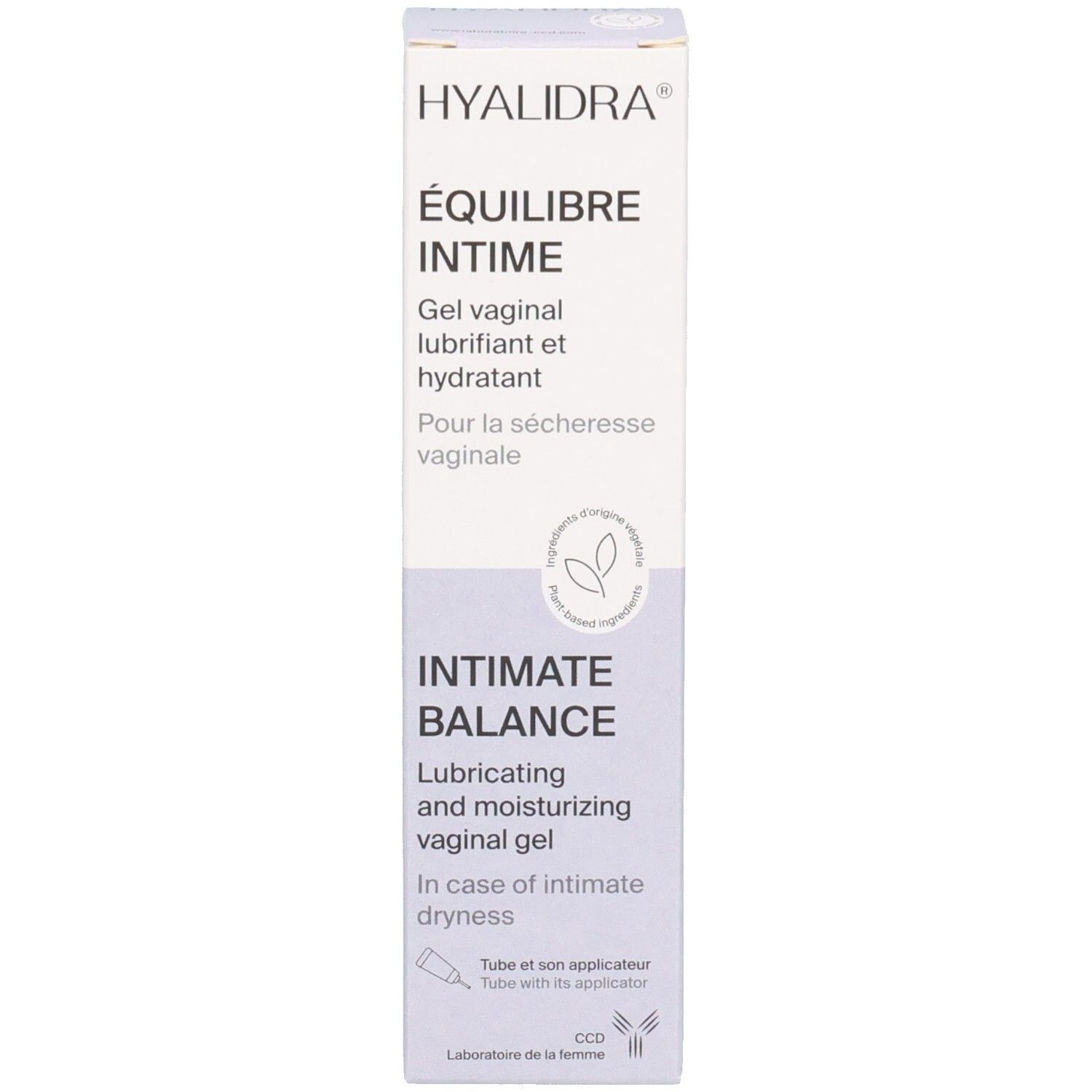 Emballage du produit. Inscription: ÉQUILIBRE INTIME. Inscription: INTIMATE BALANCE. Avec illustration d'un applicateur.
