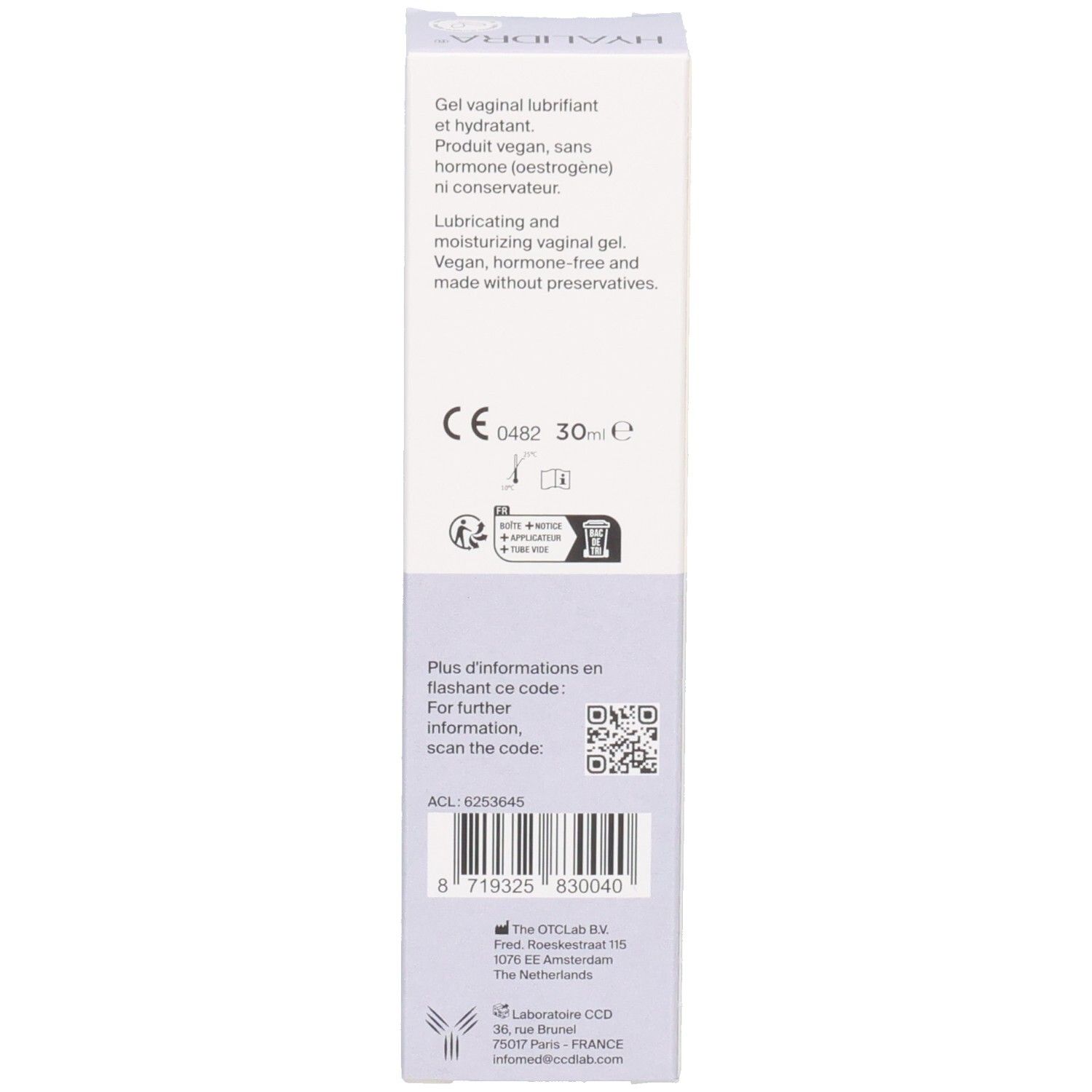 Emballage du produit. Texte avec informations. Inscription: 30 ml. Végétalien, sans hormones, sans conservateurs.