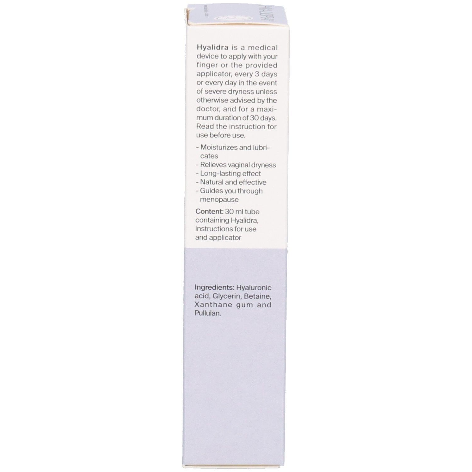 Emballage du produit. Texte avec informations. Inscription: 30 ml. Contient Hyalidra, notice d'utilisation et applicateur.