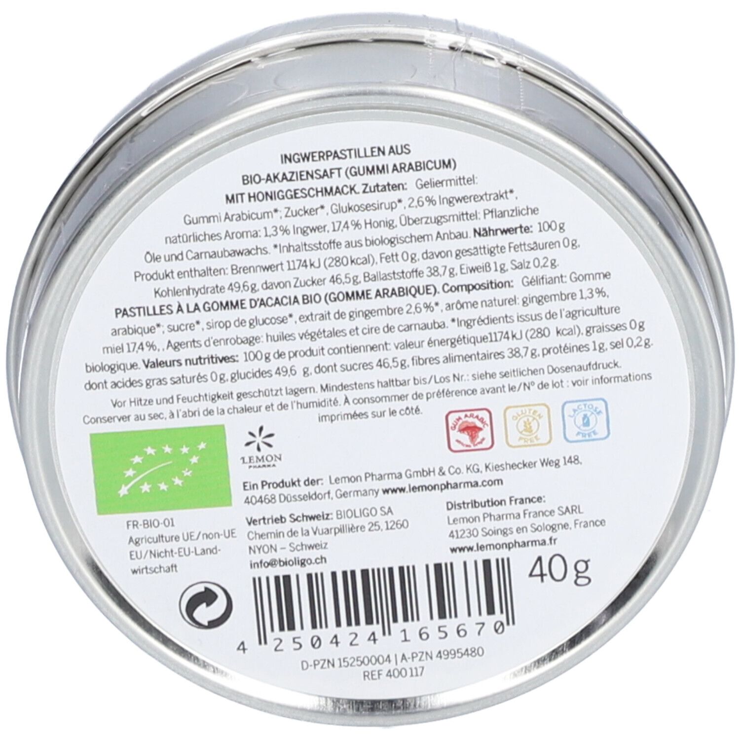 Dos de la boîte avec liste des ingrédients et informations nutritionnelles. Label bio et indication 40g.