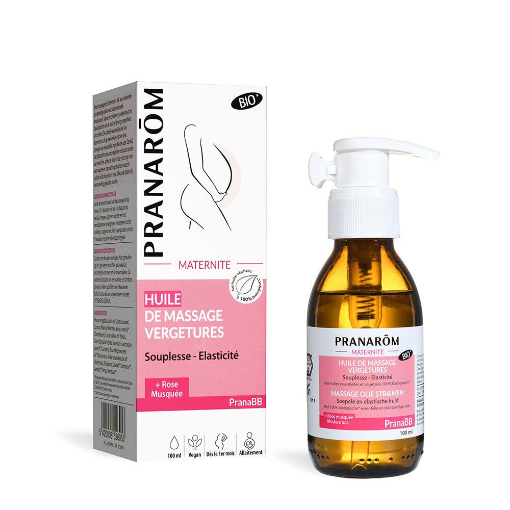 Flacon en verre brun avec pompe blanche et boîte. Inscription : Pranarôm, Huile de massage vergetures, Bio. Huile de grossesse.