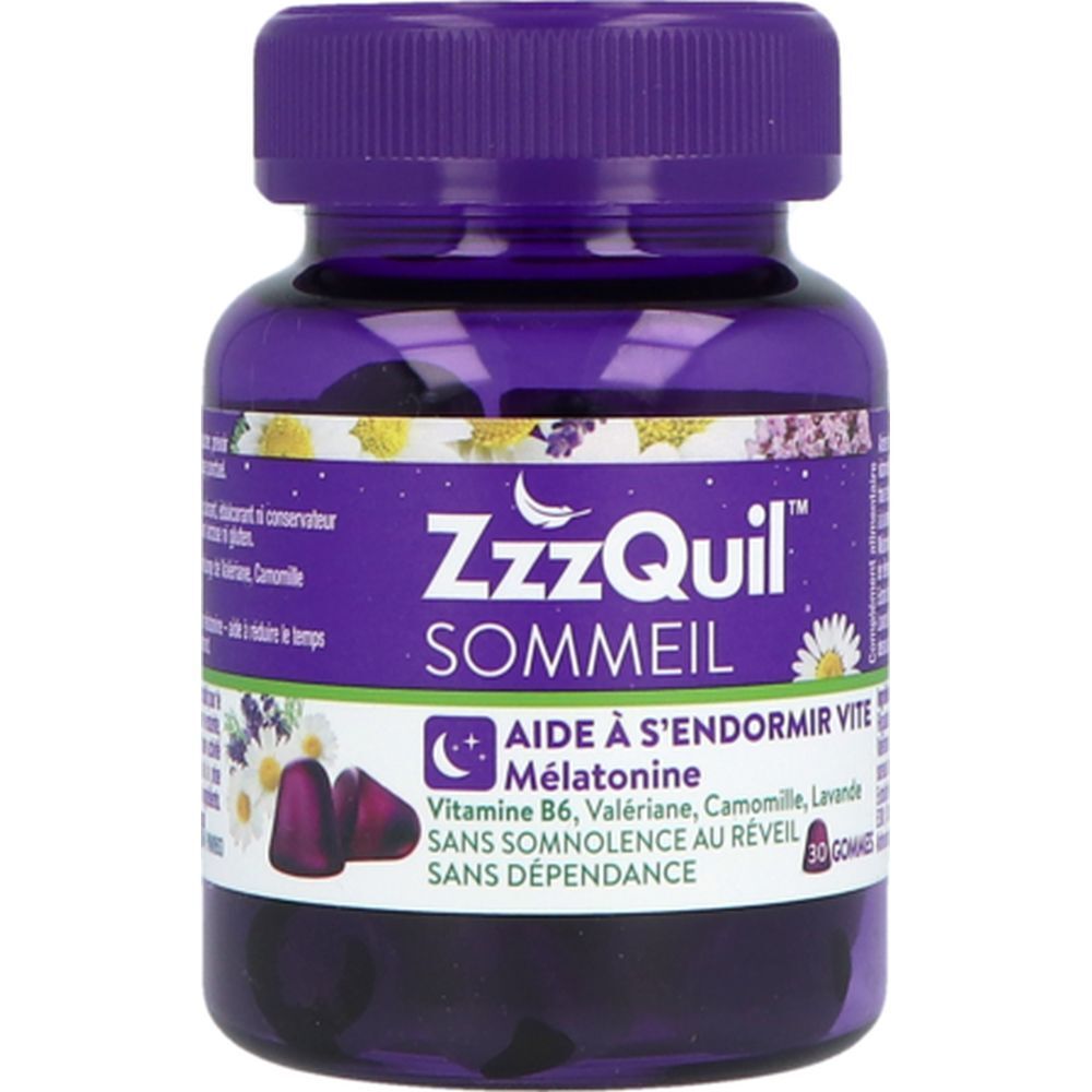 Flacon ZzzQuil Sommeil. Flacon violet avec 30 gommes. Contient mélatonine, vitamine B6, valériane, camomille, lavande.