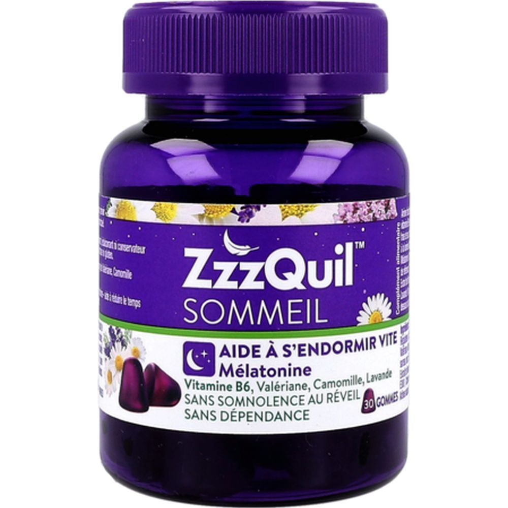 Flacon ZzzQuil Sommeil. Flacon violet avec 30 gommes. Contient mélatonine, vitamine B6, valériane, camomille, lavande.