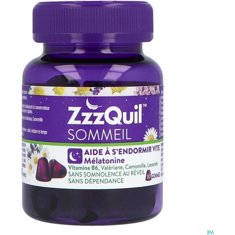 Flacon ZzzQuil Sommeil. Flacon violet avec 30 gommes. Contient mélatonine, vitamine B6, valériane, camomille, lavande.