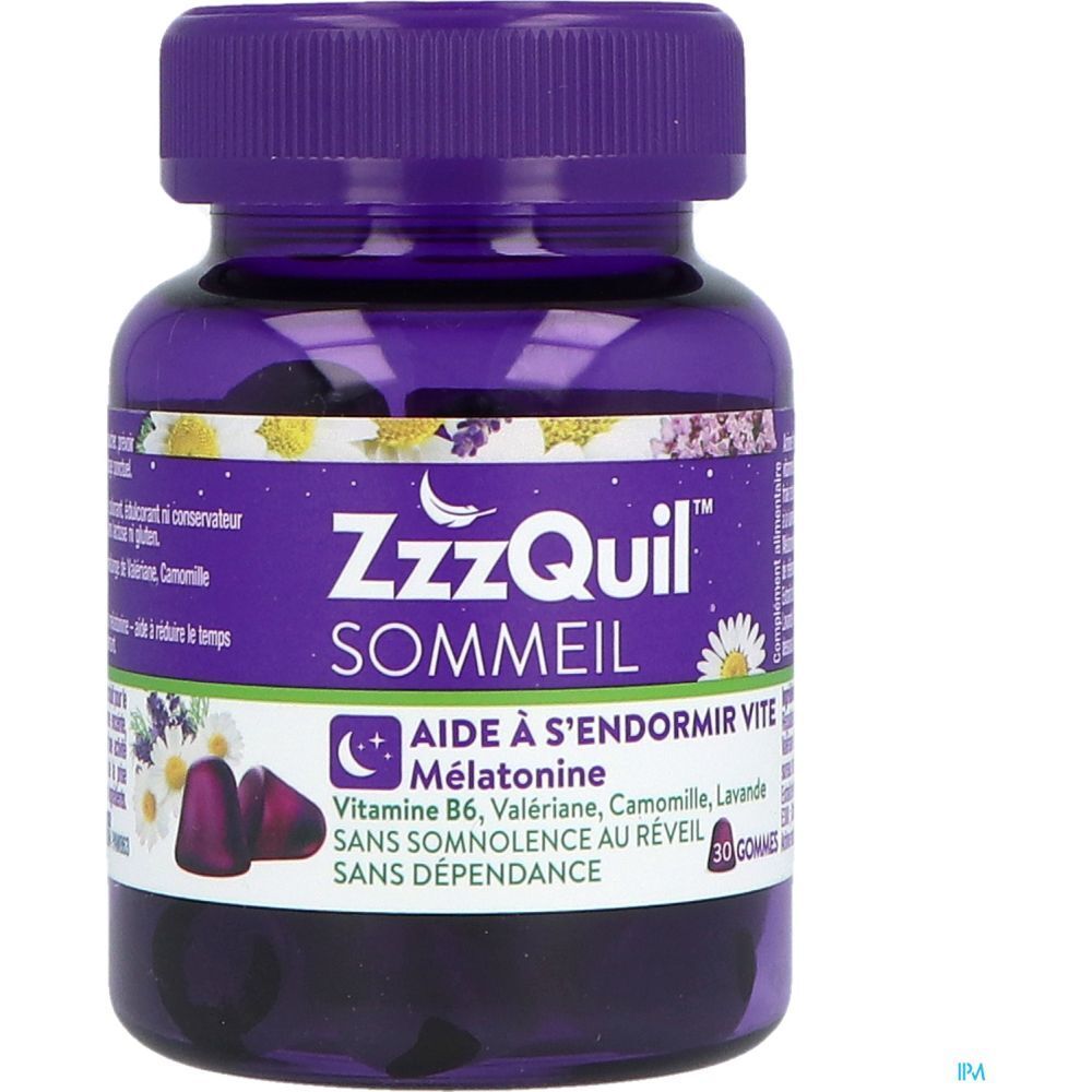 Flacon ZzzQuil Sommeil. Flacon violet avec 30 gommes. Contient mélatonine, vitamine B6, valériane, camomille, lavande.