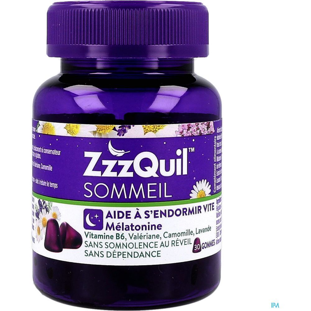 Flacon ZzzQuil Sommeil. Flacon violet avec 30 gommes. Contient mélatonine, vitamine B6, valériane, camomille, lavande.