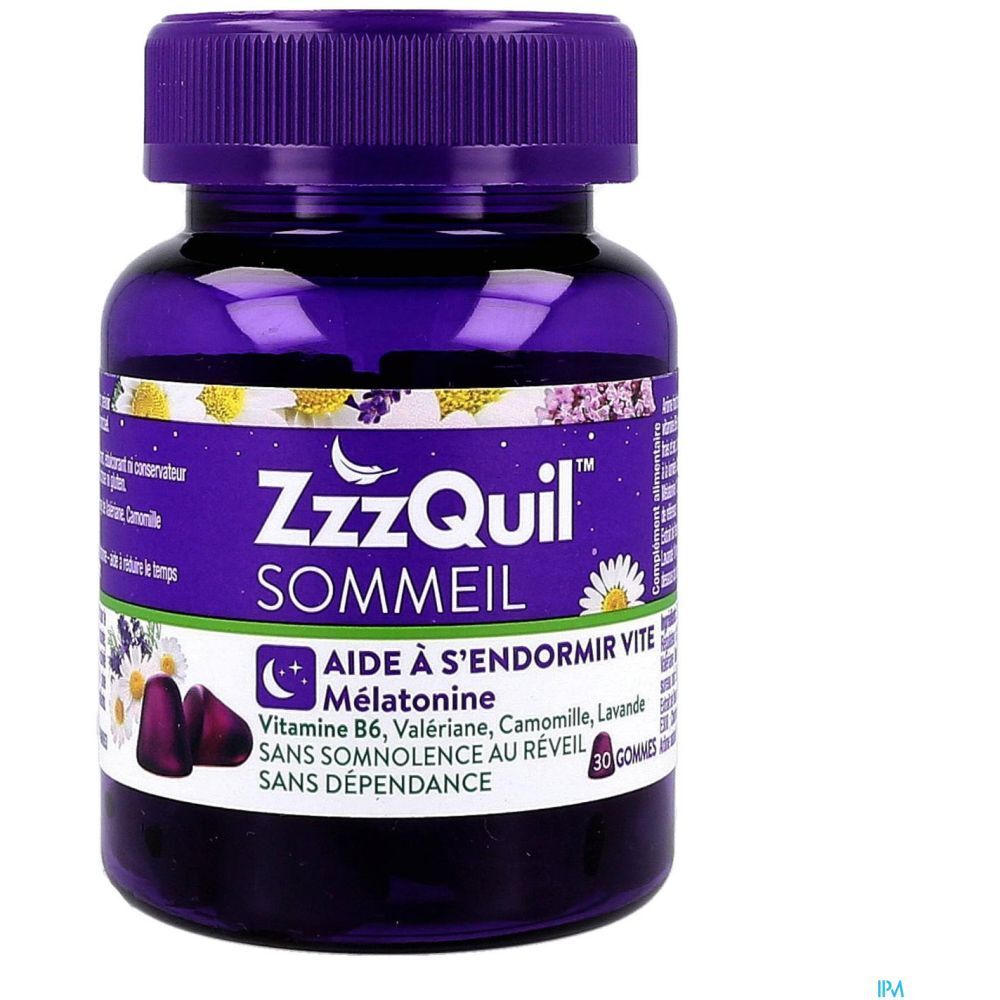 Flacon ZzzQuil Sommeil. Flacon violet avec 30 gommes. Contient mélatonine, vitamine B6, valériane, camomille, lavande.