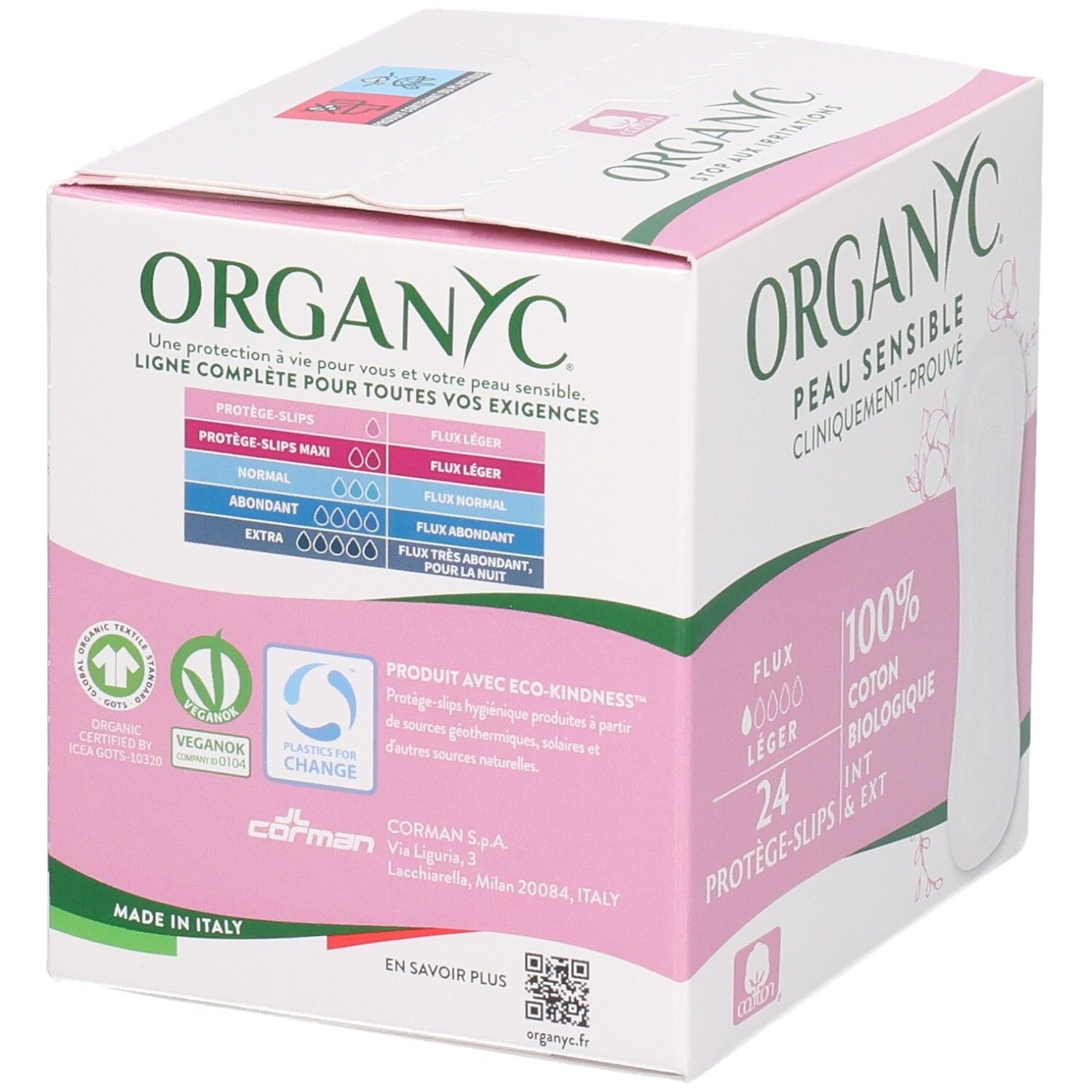 Organyc Protège-slips Pocket: Boîte de 24, 100% coton bio, Fabriqué en Italie, label Eco-Kindness.