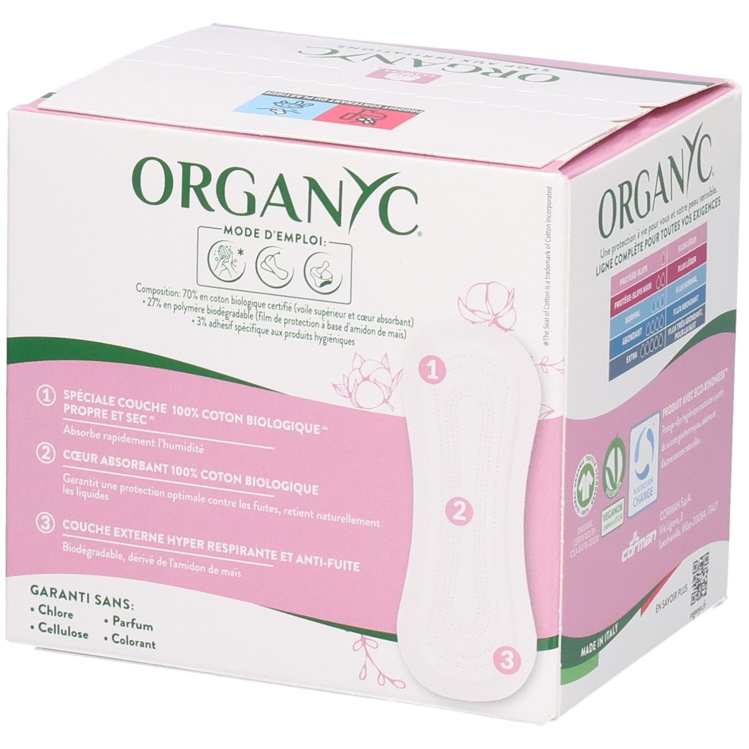 Organyc Protège-slips Pocket: Mode d'emploi, 24 unités, 100% coton bio, sans chlore, sans parfum.