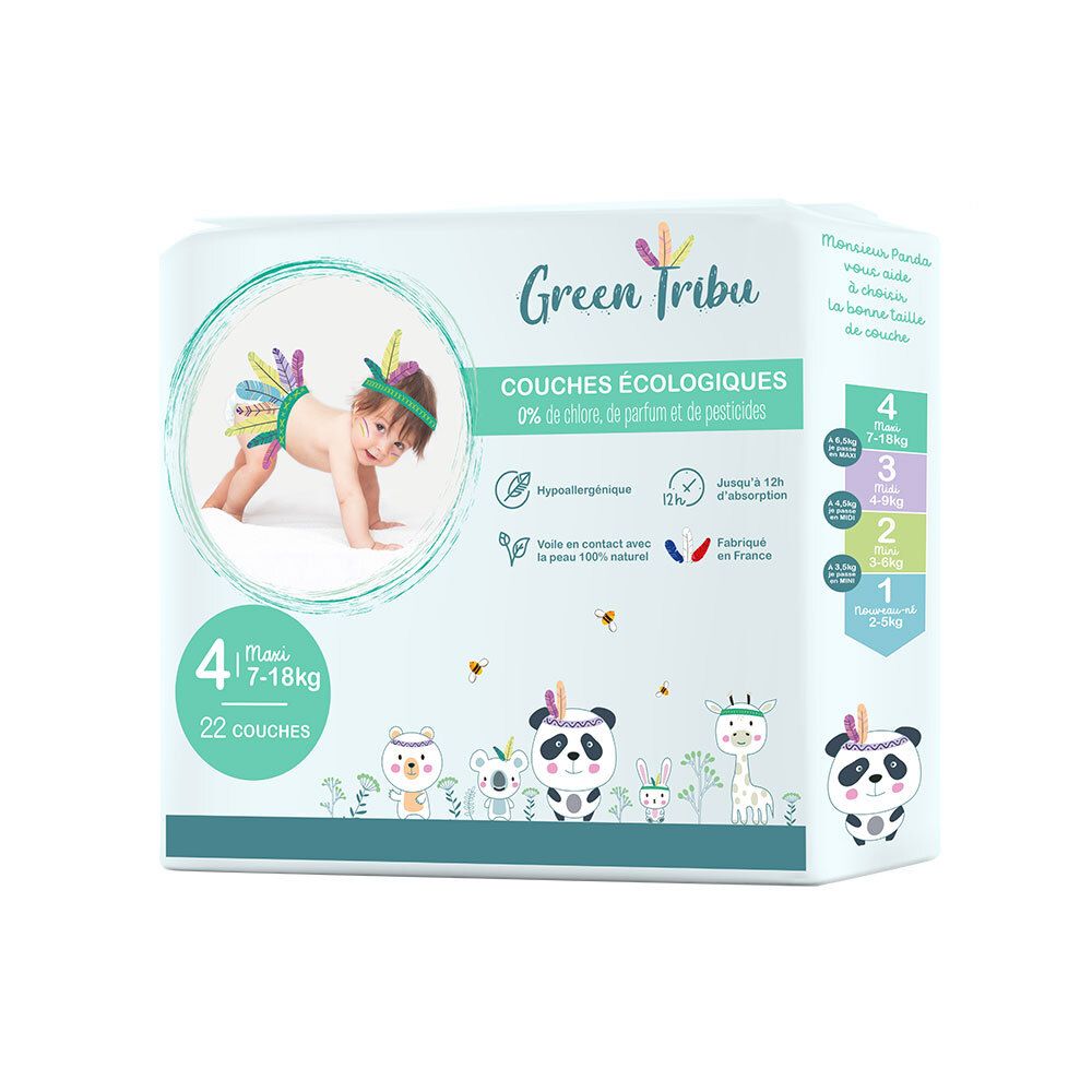 Paquet de couches écologiques Green Tribu, taille 4 Maxi, 7-18kg. 22 couches. Hypoallergénique. Fabriqué en France.