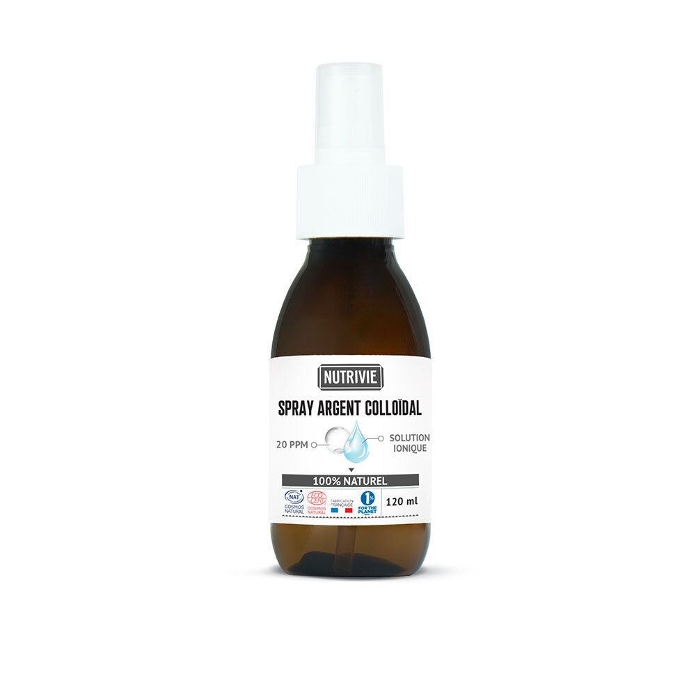Flacon spray brun de 120 ml d'argent colloïdal.
