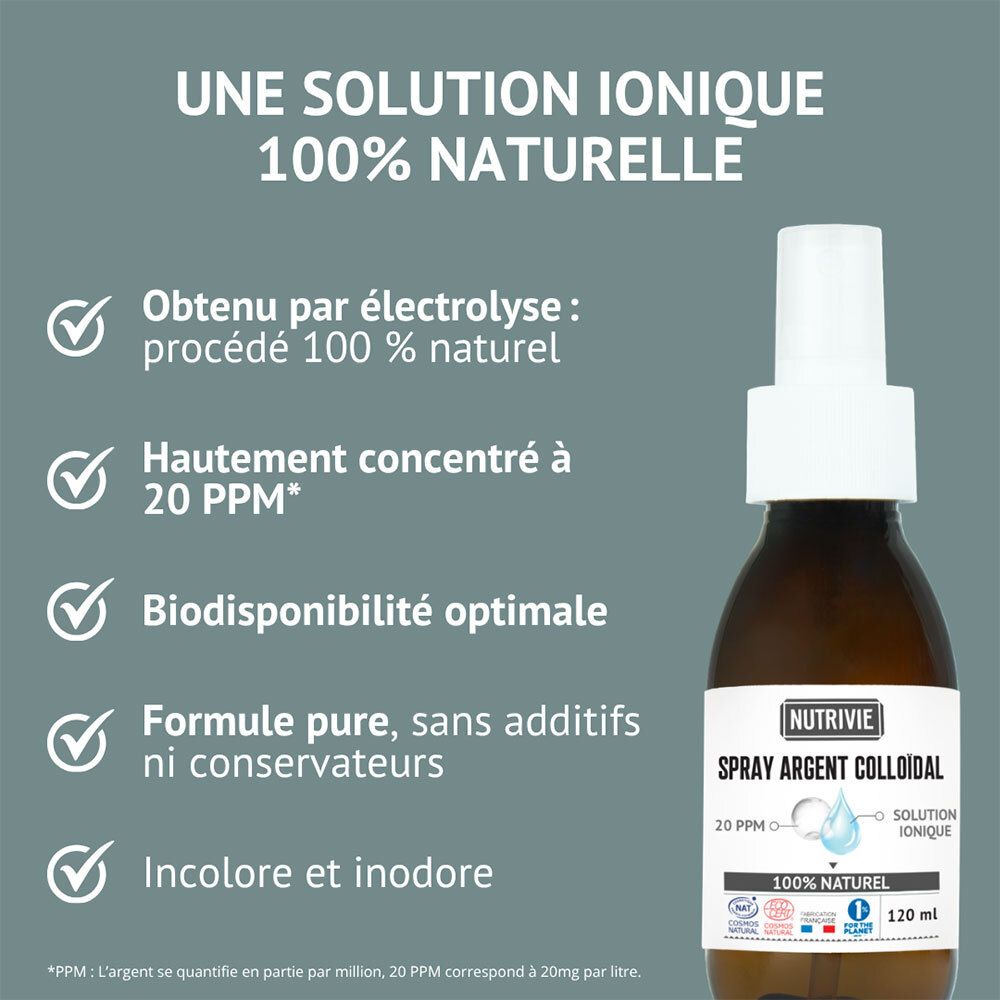 Flacon spray brun 120 ml d'argent colloïdal, 20 PPM.