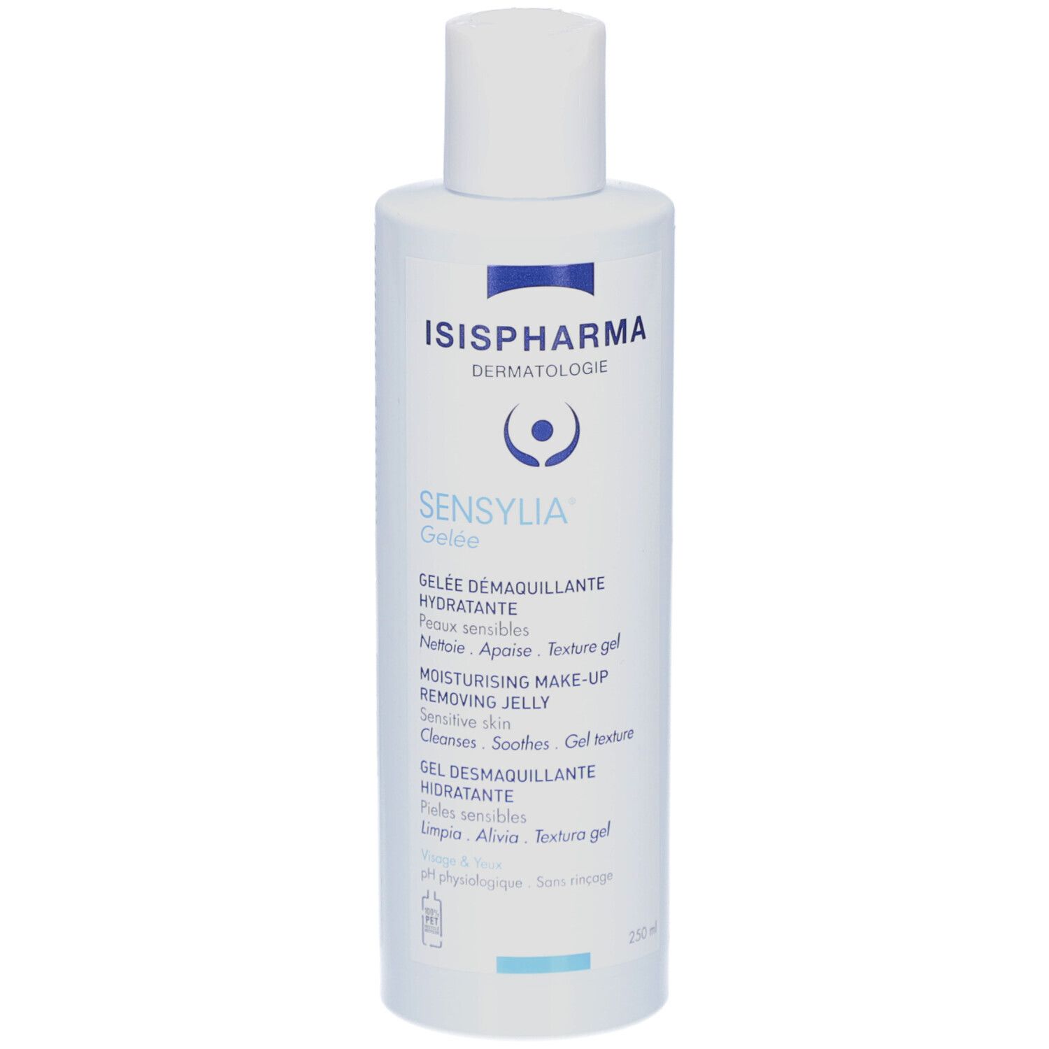 Flacon blanc ISISPHARMA Sensylia Gelée. Face avant avec nom du produit et texte : Gelée Demaquillante Hydratante.