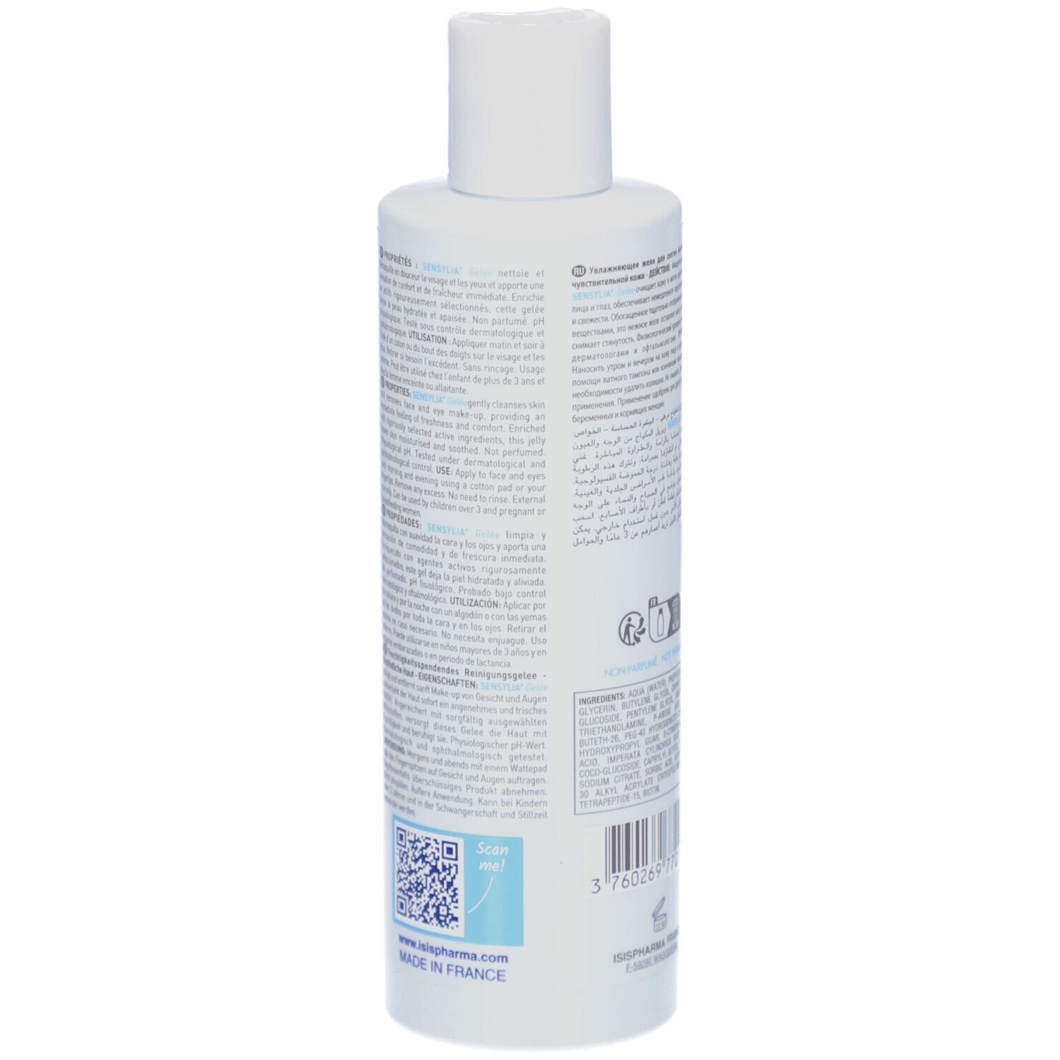 Dos du flacon blanc ISISPHARMA Sensylia Gelée. Texte et code-barres sur l'étiquette.