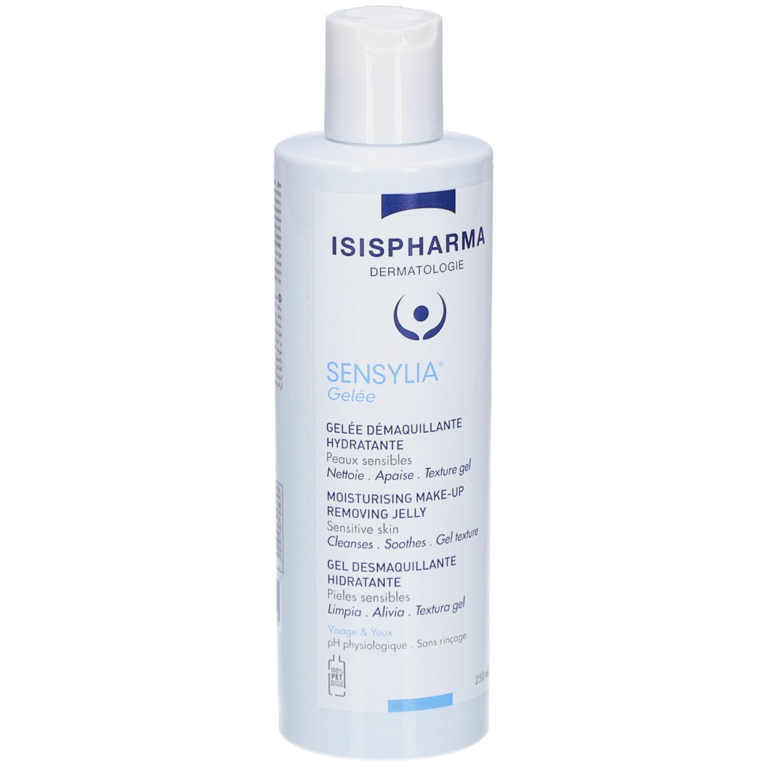 Flacon blanc ISISPHARMA Sensylia Gelée. Face avant avec nom du produit et texte : Gelée Demaquillante Hydratante.