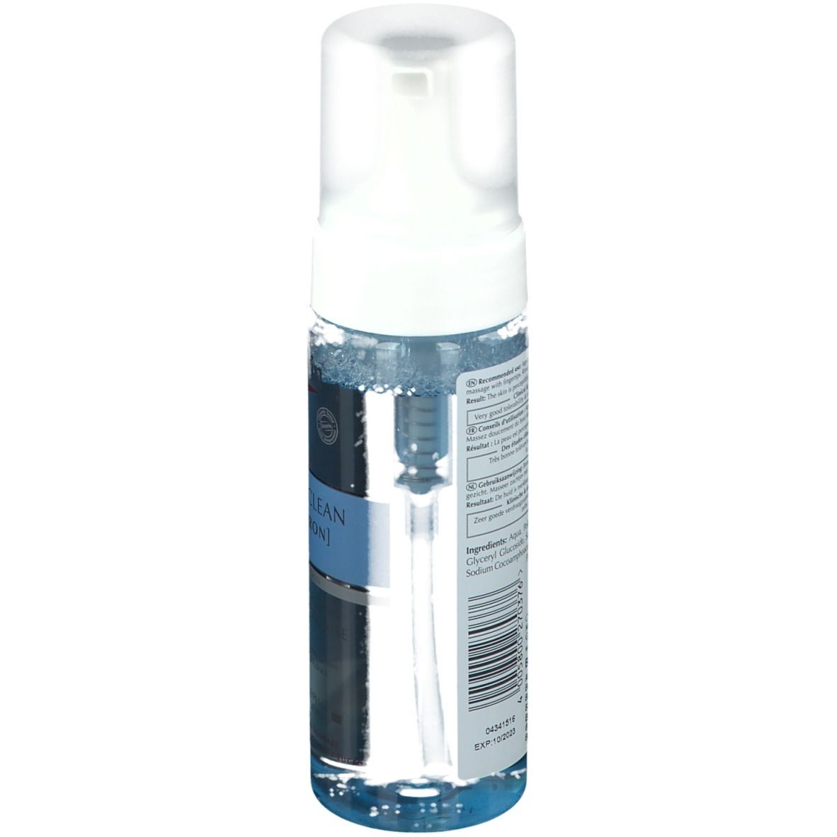 Dos du flacon Eucerin DermatoCLEAN [Hyaluron]. Liquide transparent, pompe blanche. Code-barres et texte.