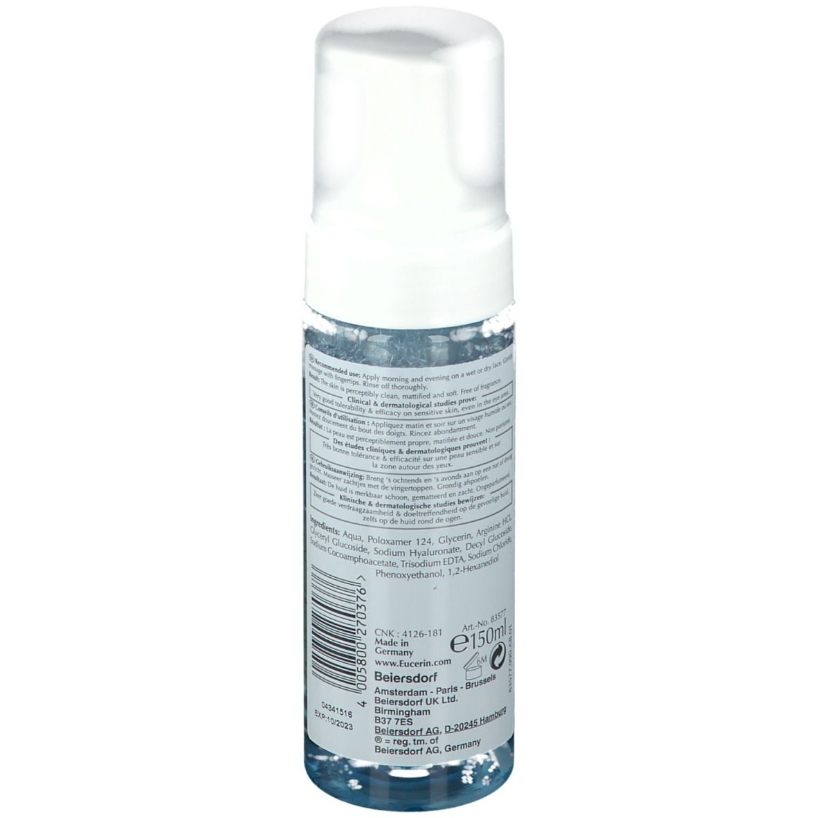 Dos du flacon Eucerin DermatoCLEAN [Hyaluron]. Texte avec ingrédients et informations fabricant.