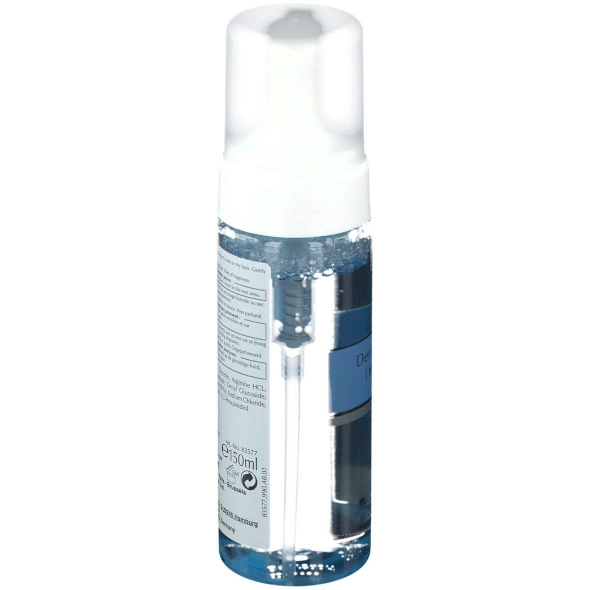 Eucerin DermatoCLEAN [Hyaluron] Mousse micellaire. Flacon avec étiquette bleue et pompe blanche. Marque et nom du produit.