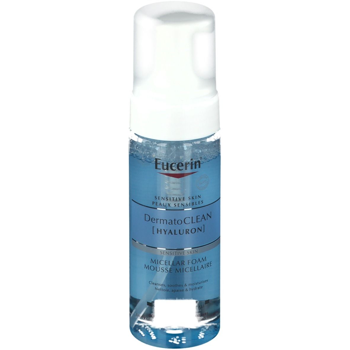 Dos du flacon Eucerin DermatoCLEAN [Hyaluron]. Liquide transparent, pompe blanche. Texte et volume.