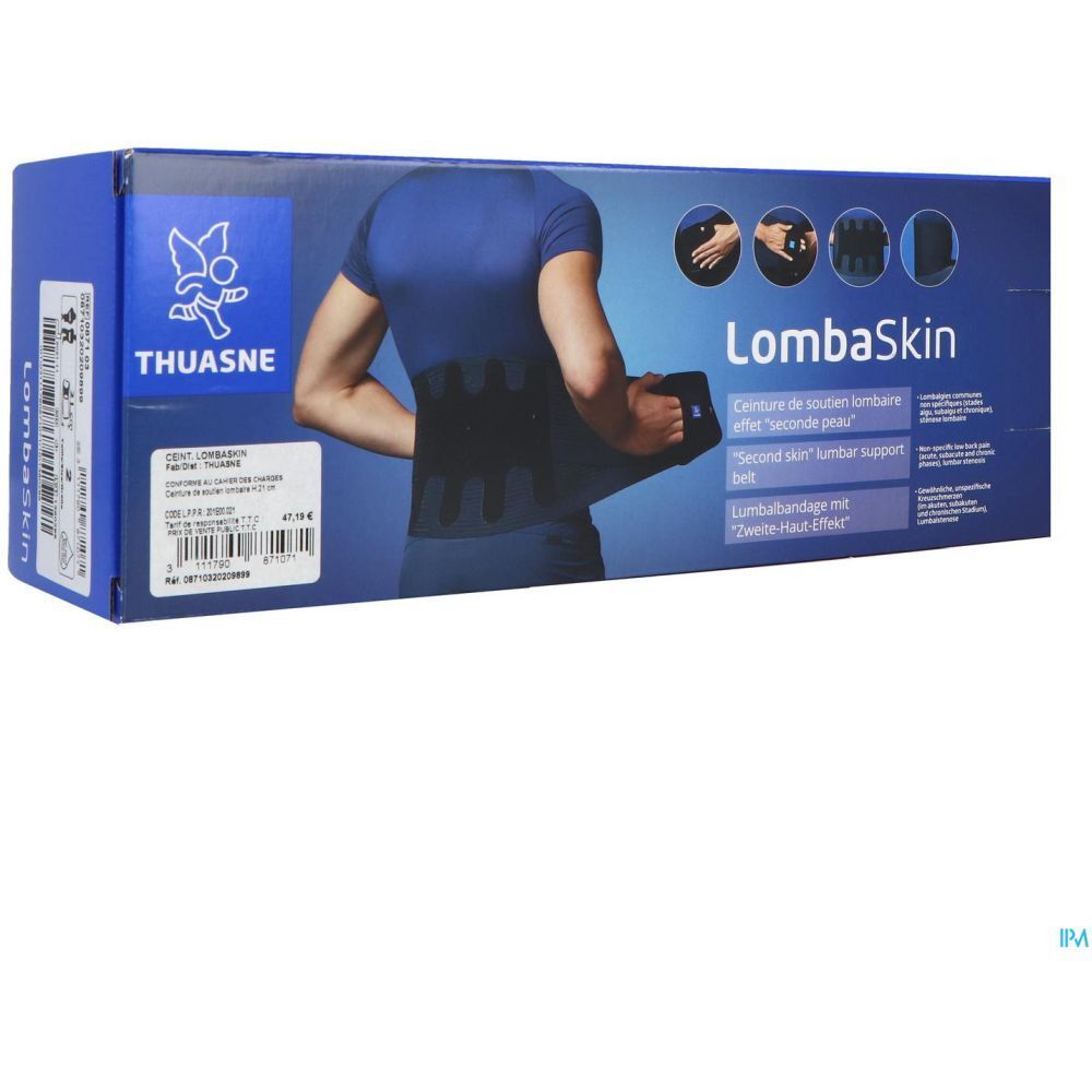 Boîte THUASNE LombaSkin. Inscription: Ceinture de soutien lombaire, Second skin lumbar support belt.