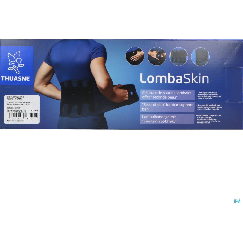 Boîte THUASNE LombaSkin. Inscription: Ceinture de soutien lombaire, Second skin lumbar support belt.