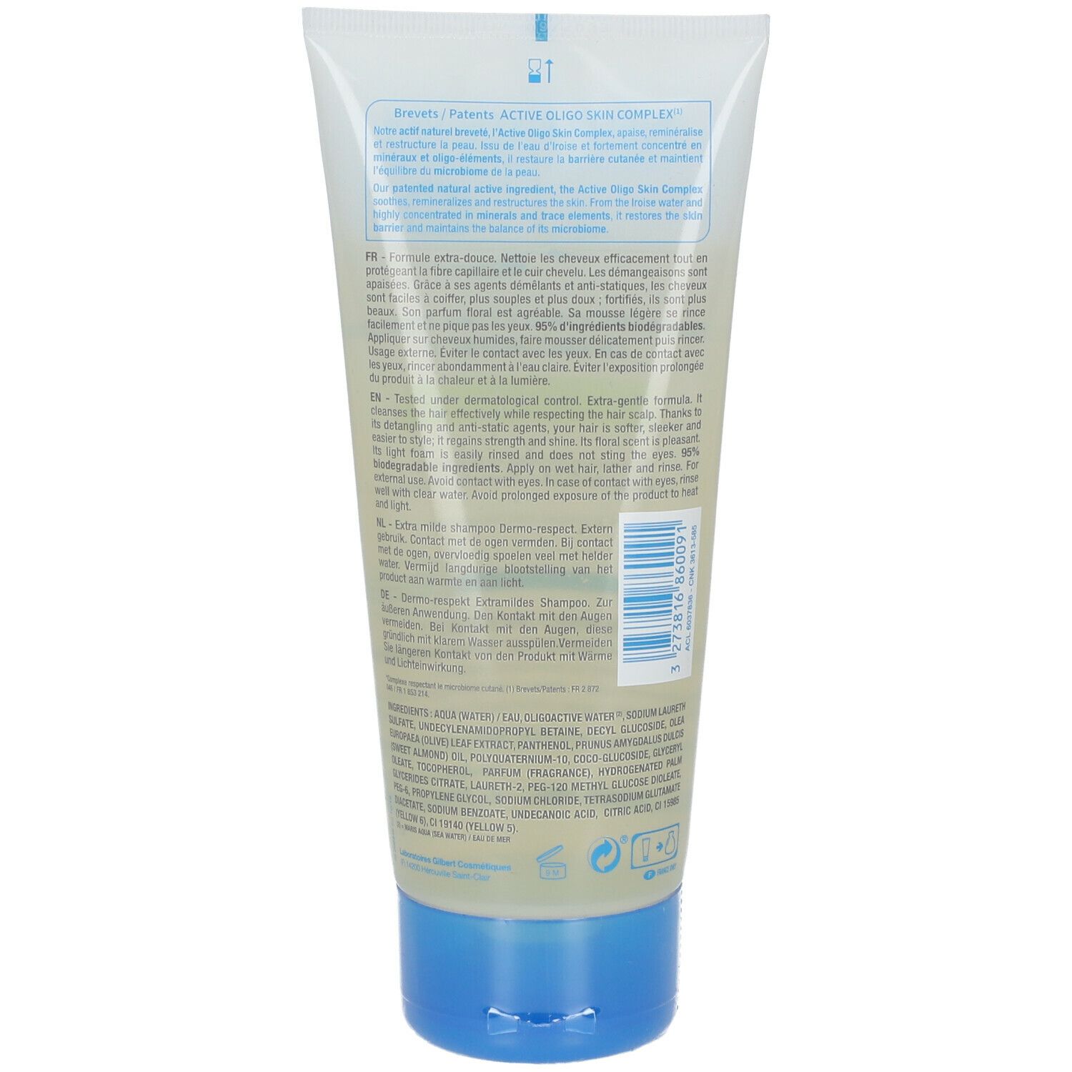 Tube de shampooing Neutraderm Exrasanft. Dos avec texte et code-barres. Bouchon bleu. Contenu transparent visible.