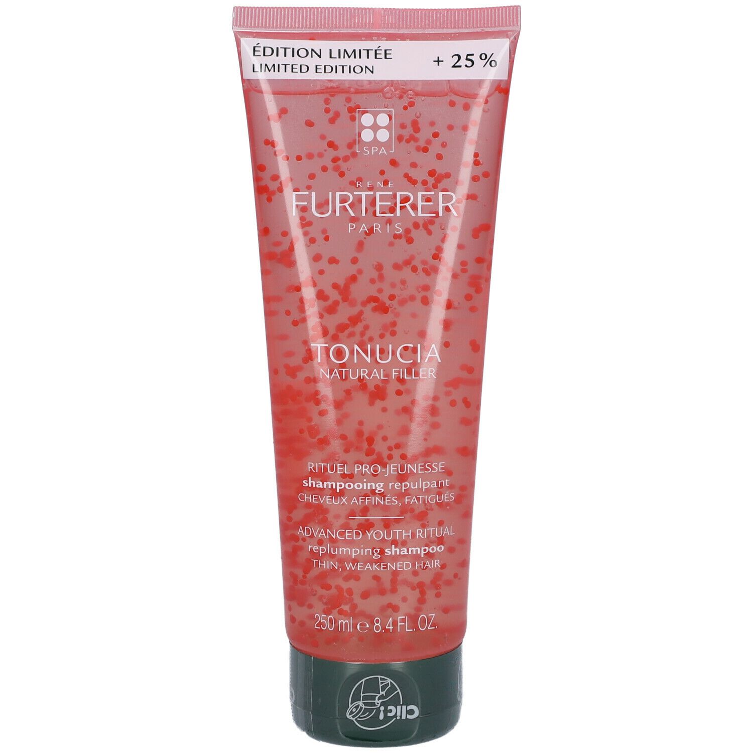 Tube rose avec shampooing. Particules rouges. Texte: Furterer, Tonucia. 250 ml. Bouchon vert.
