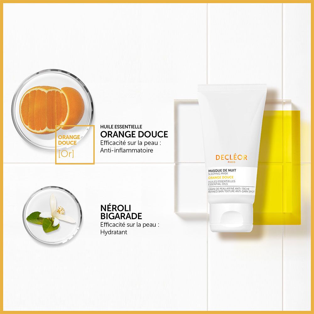 Produit, oranges et fleurs. DECLÉOR. Orange Douce, Néroli Bigarade. Fond blanc.