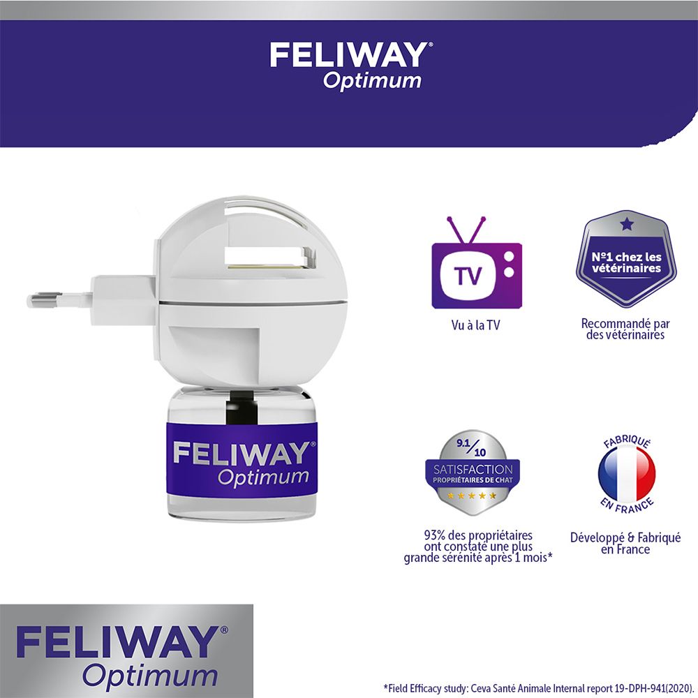 Diffuseur Feliway Optimum. Appareil blanc avec prise. Logos : TV, Recommandé par les vétérinaires, 93% de satisfaction, Fabriqué en France.