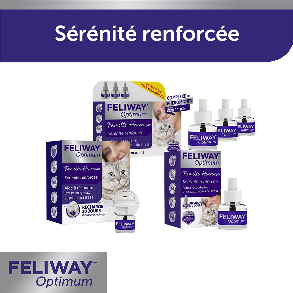 Emballage du produit avec image et chat. Texte : Happy Family, Sérénité renforcée, 30 jours, Diffuseur & recharge.