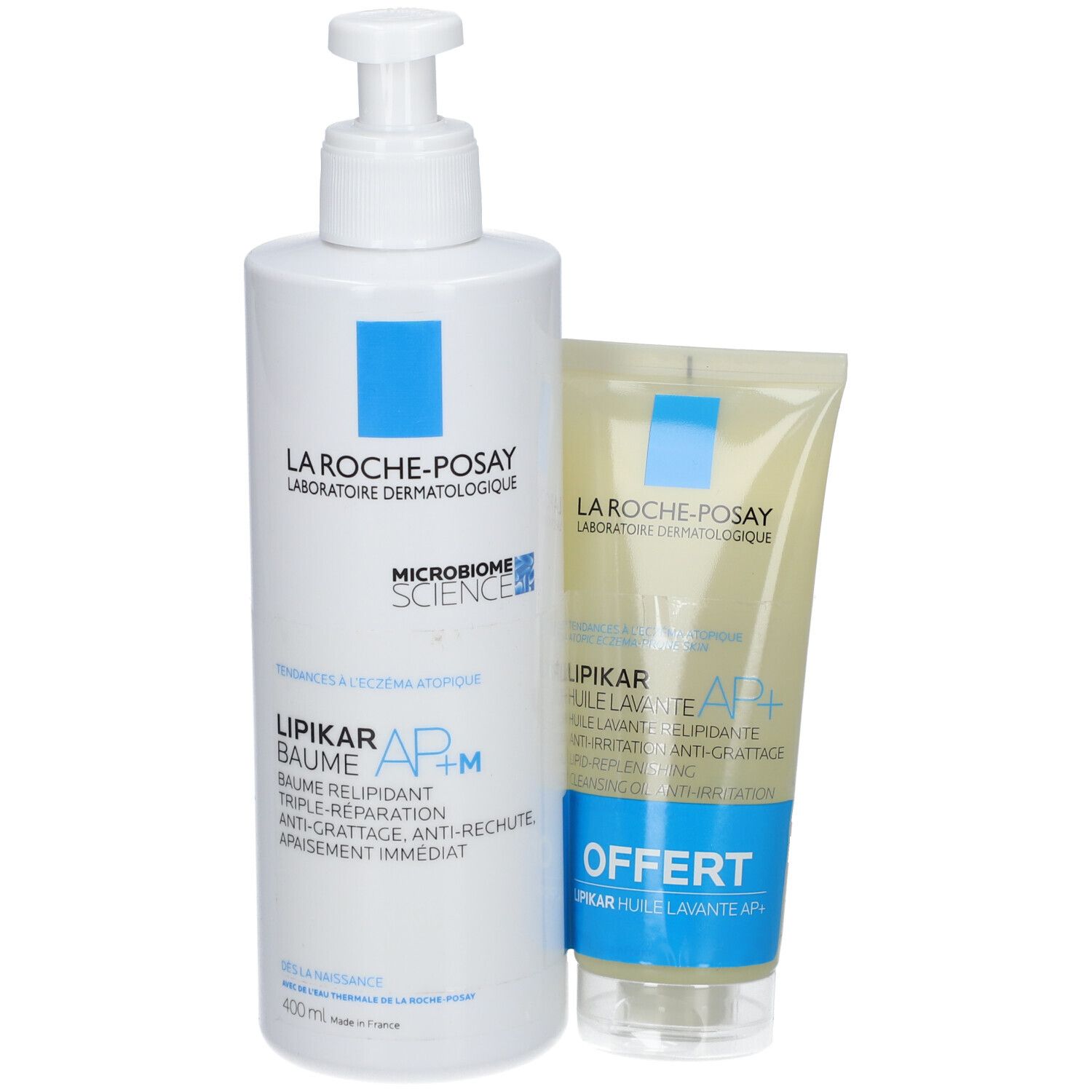 Deux produits LA ROCHE-POSAY LIPIKAR Baume AP+M et Huile lavante AP+. Flacon blanc avec pompe, tube jaune. Texte: LIPIKAR, OFFERT.