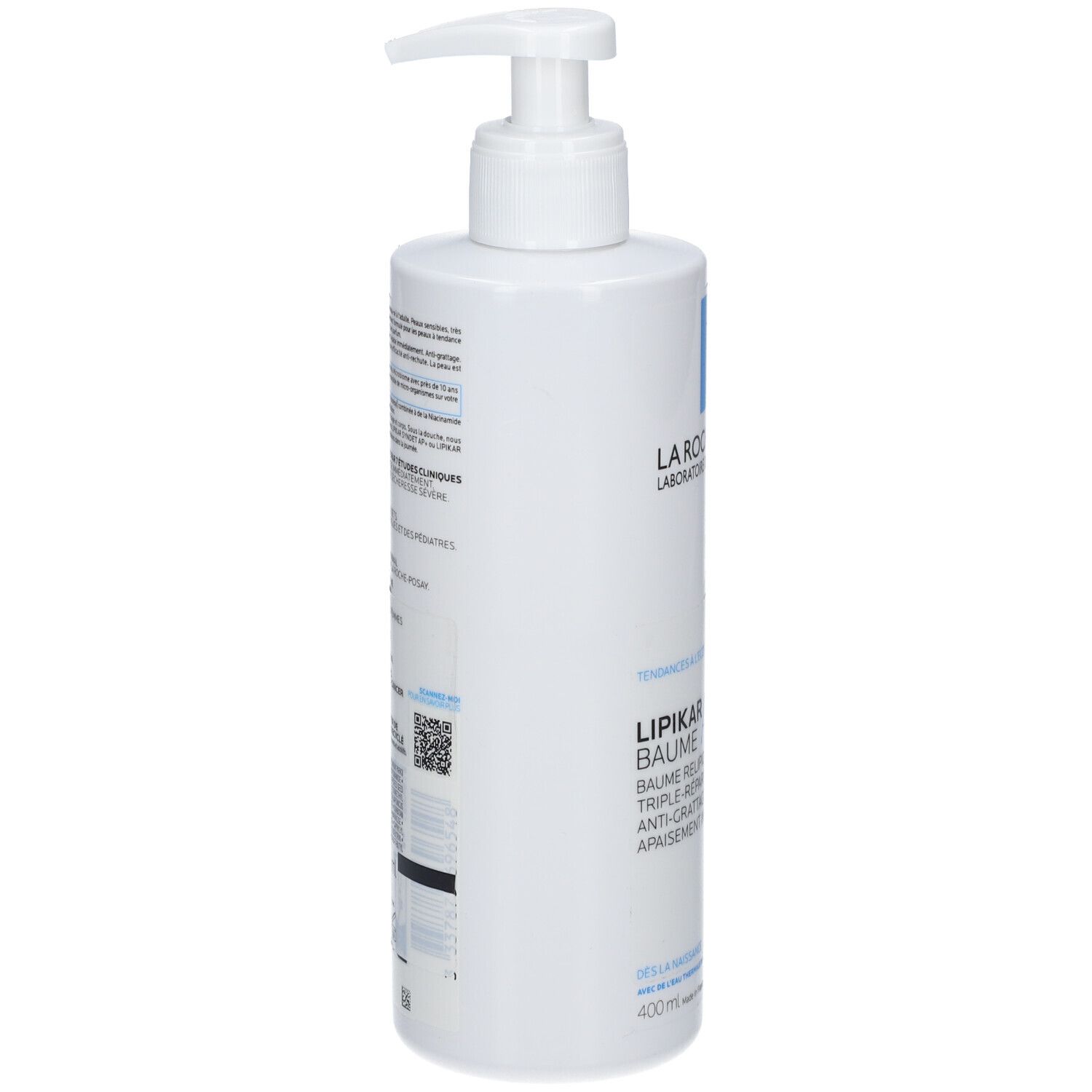Flacon blanc avec pompe. Texte: LA ROCHE-POSAY, LIPIKAR Baume AP+M. Dos avec texte et QR code. Volume: 400ml.