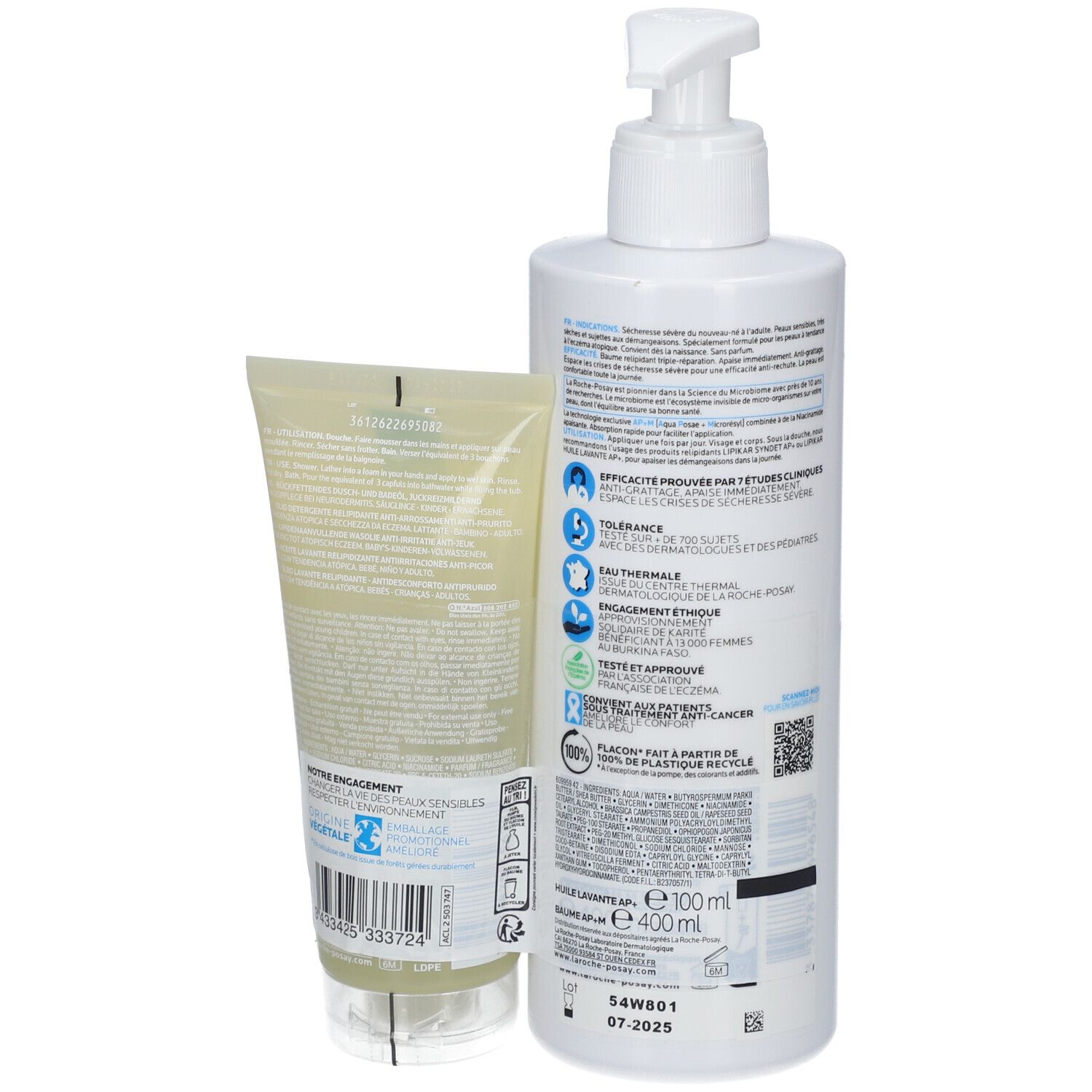 Dos de deux produits. Flacon blanc, tube jaune. Texte: LA ROCHE-POSAY, LIPIKAR. QR code, logo recyclage. Volumes: 100ml, 400ml.