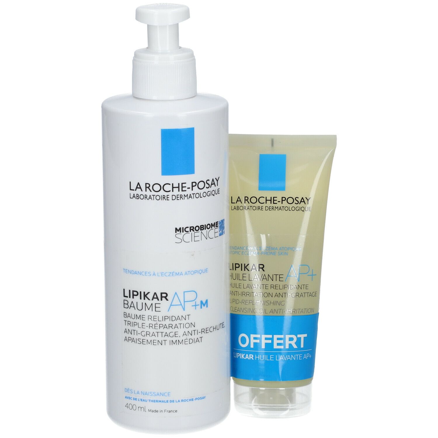 Deux produits LA ROCHE-POSAY LIPIKAR Baume AP+M et Huile lavante AP+. Flacon blanc, tube jaune. Texte: LIPIKAR, OFFERT.