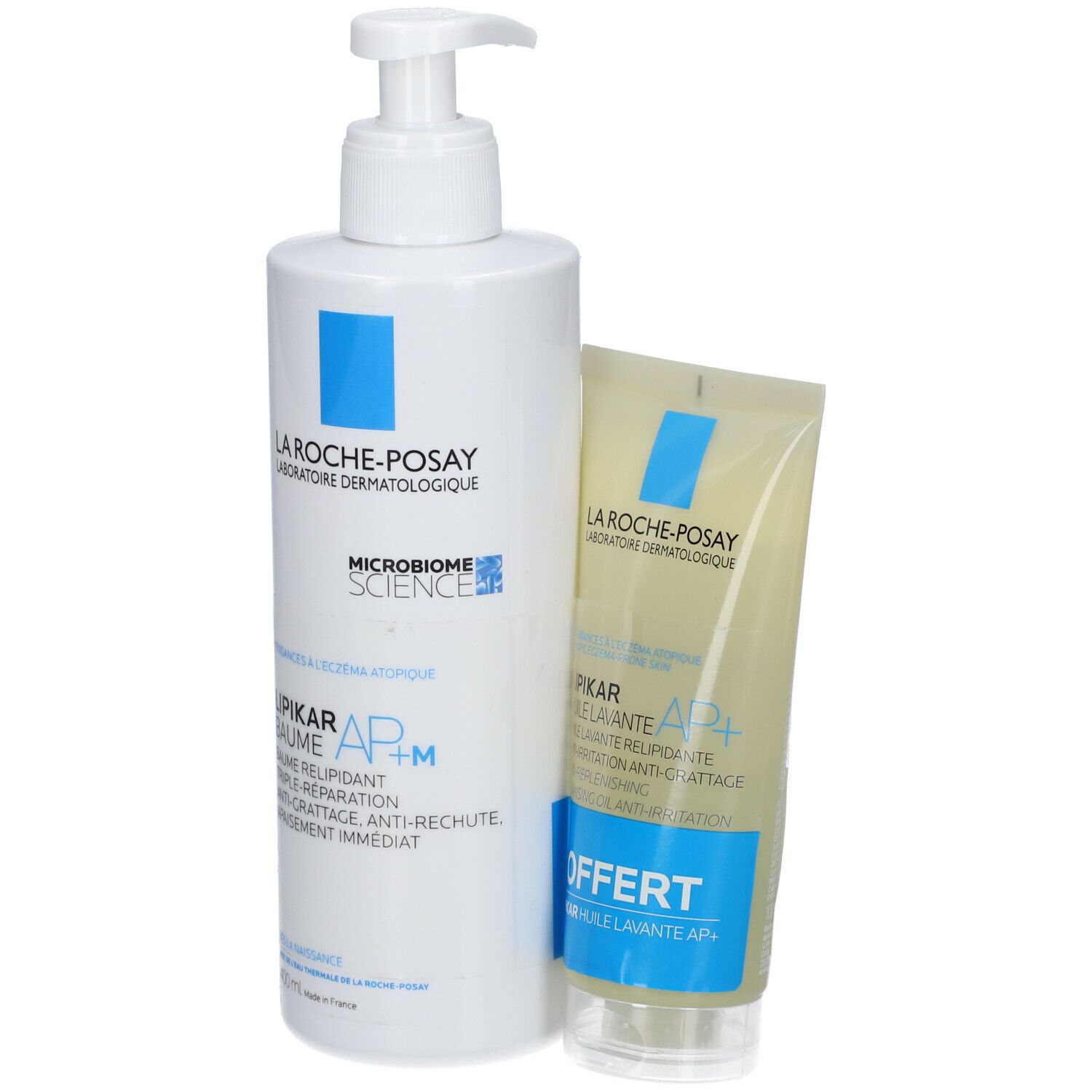 Deux produits LA ROCHE-POSAY LIPIKAR Baume AP+M et Huile lavante AP+. Flacon blanc, tube jaune. Texte: LIPIKAR, OFFERT.