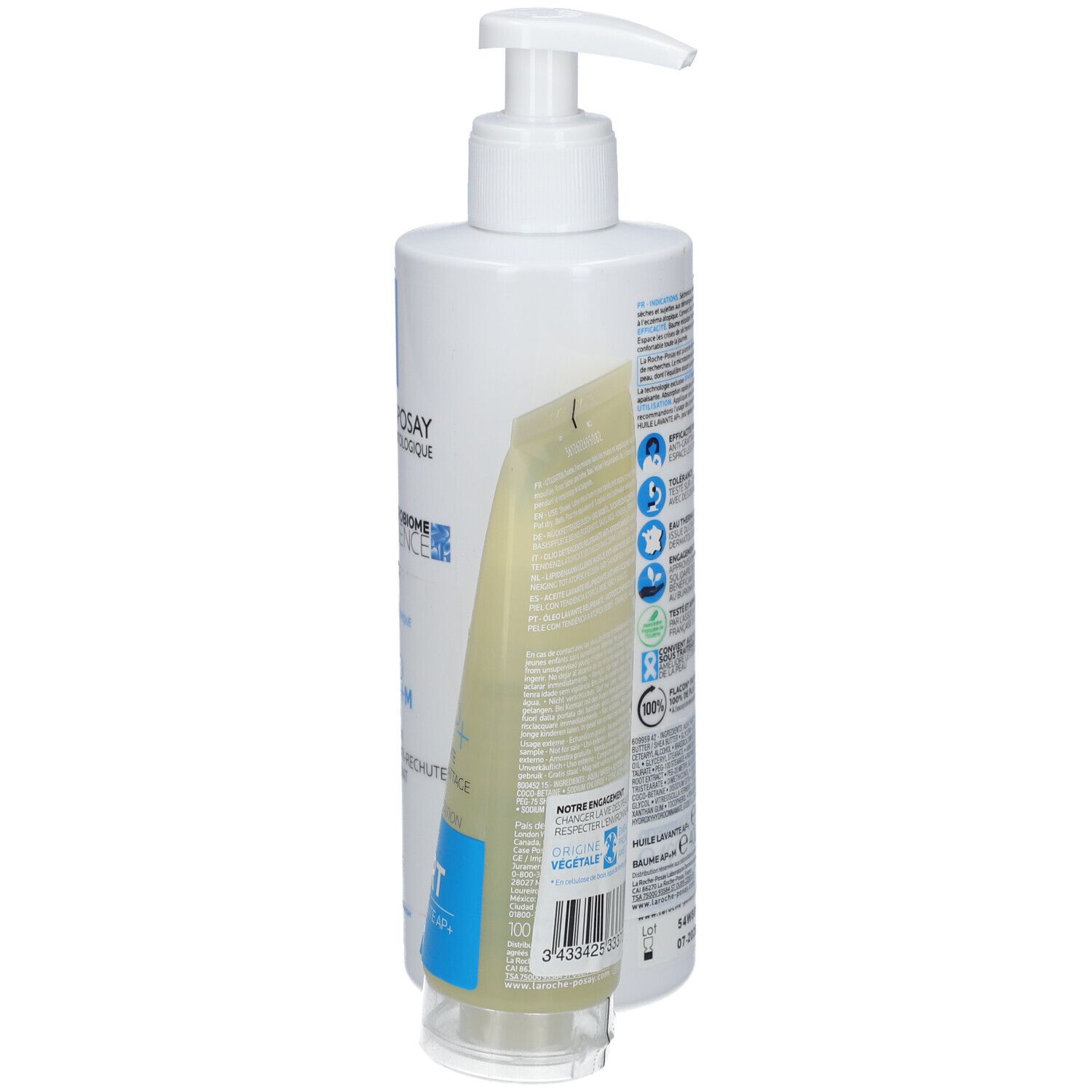 Dos de deux produits. Flacon blanc, tube jaune. Texte: LA ROCHE-POSAY, LIPIKAR. QR code, logo recyclage.